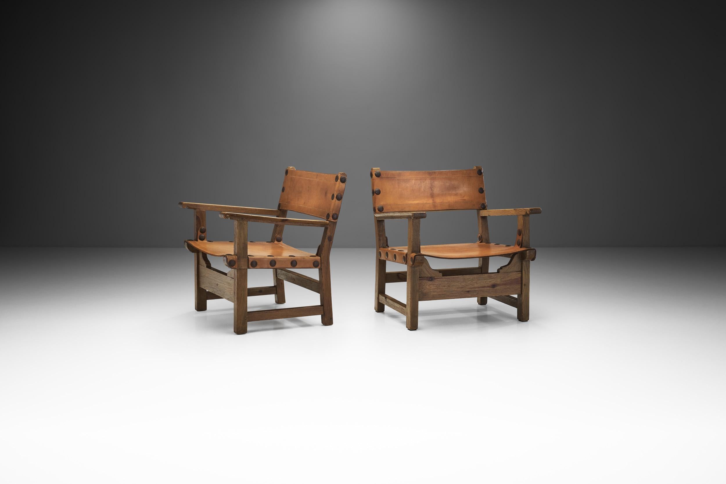Mid-Century Modern Wood and Cognac Leather 