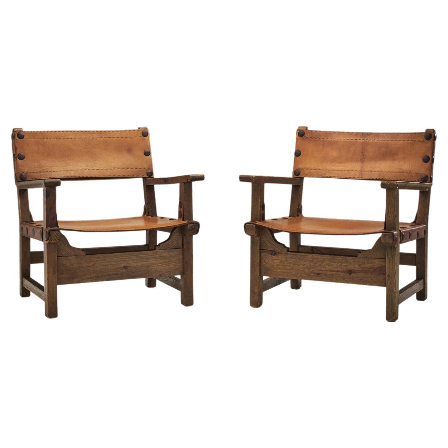 Wood and Cognac Leather "Spanish Chairs", Europe, 1960s For Sale