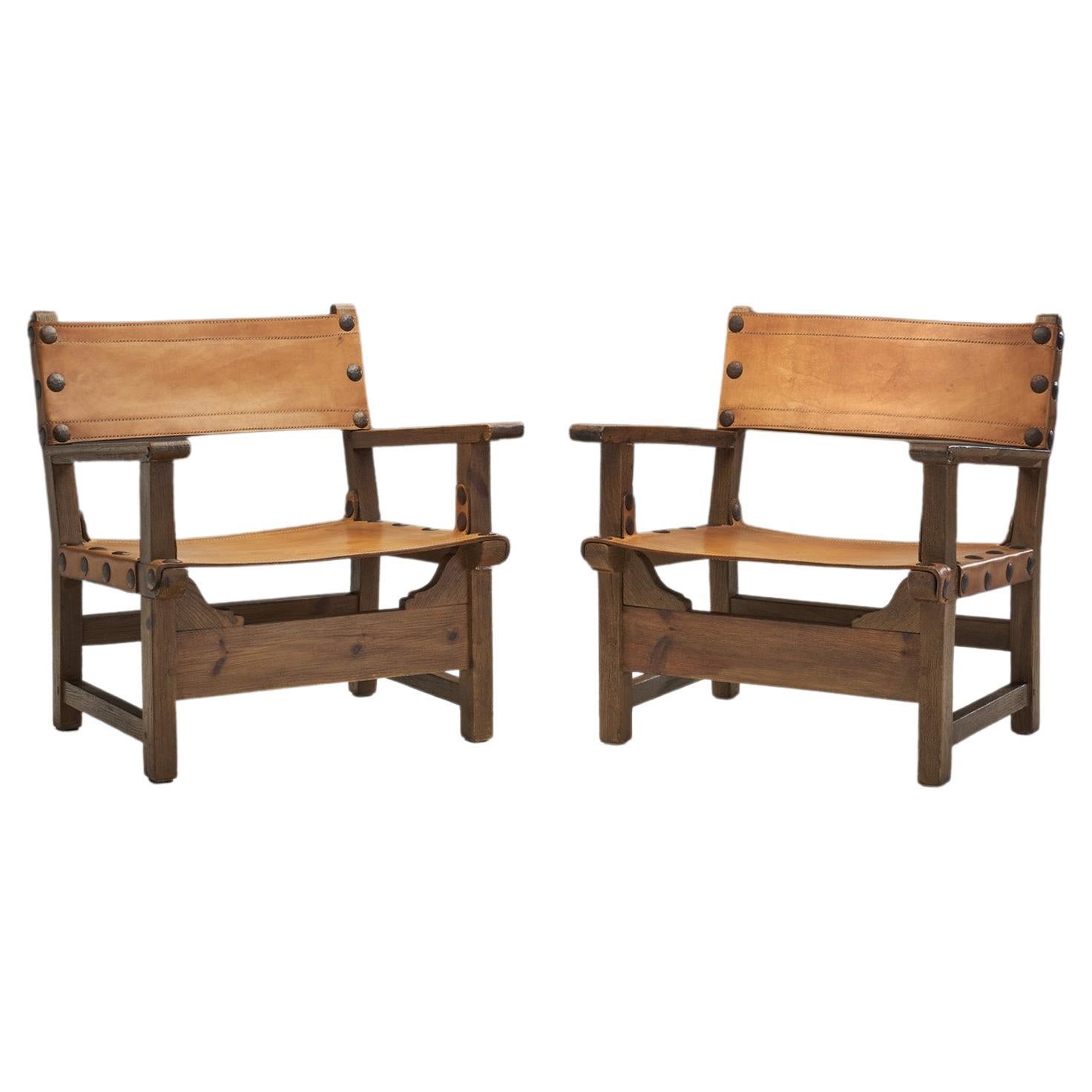 Wood and Cognac Saddle Leather "Spanish Chairs", Europe, 1960s For Sale