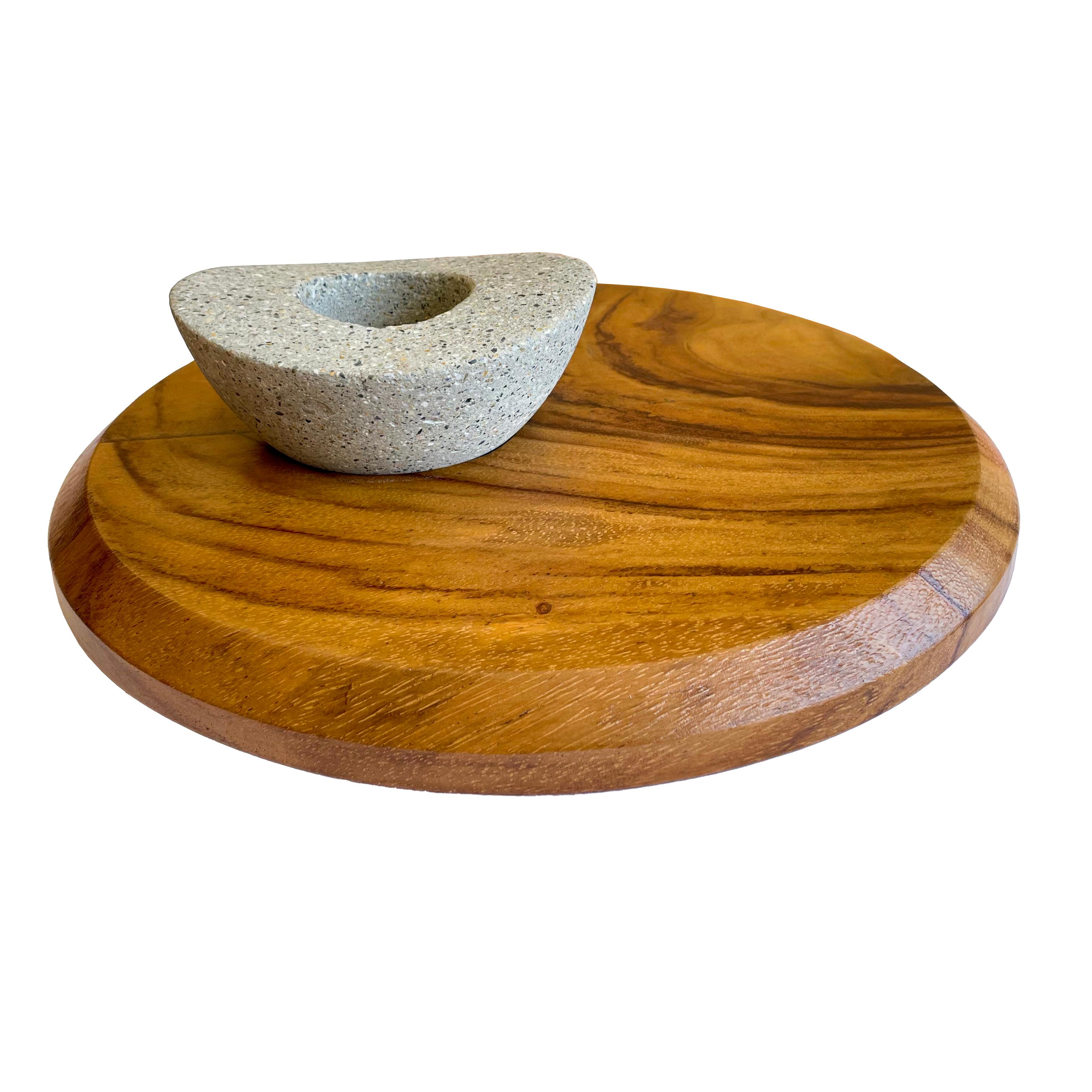 Wood and Concrete tabletop rubbing alcohol fire pit by Pierre Sarkis. The beauty of wood and concrete light up your Table. Solid Wood table of exotic tropical wood and natural Concrete fireplace. Use only 70% or 91% Iso-propyl alcohol as fuel ( Not