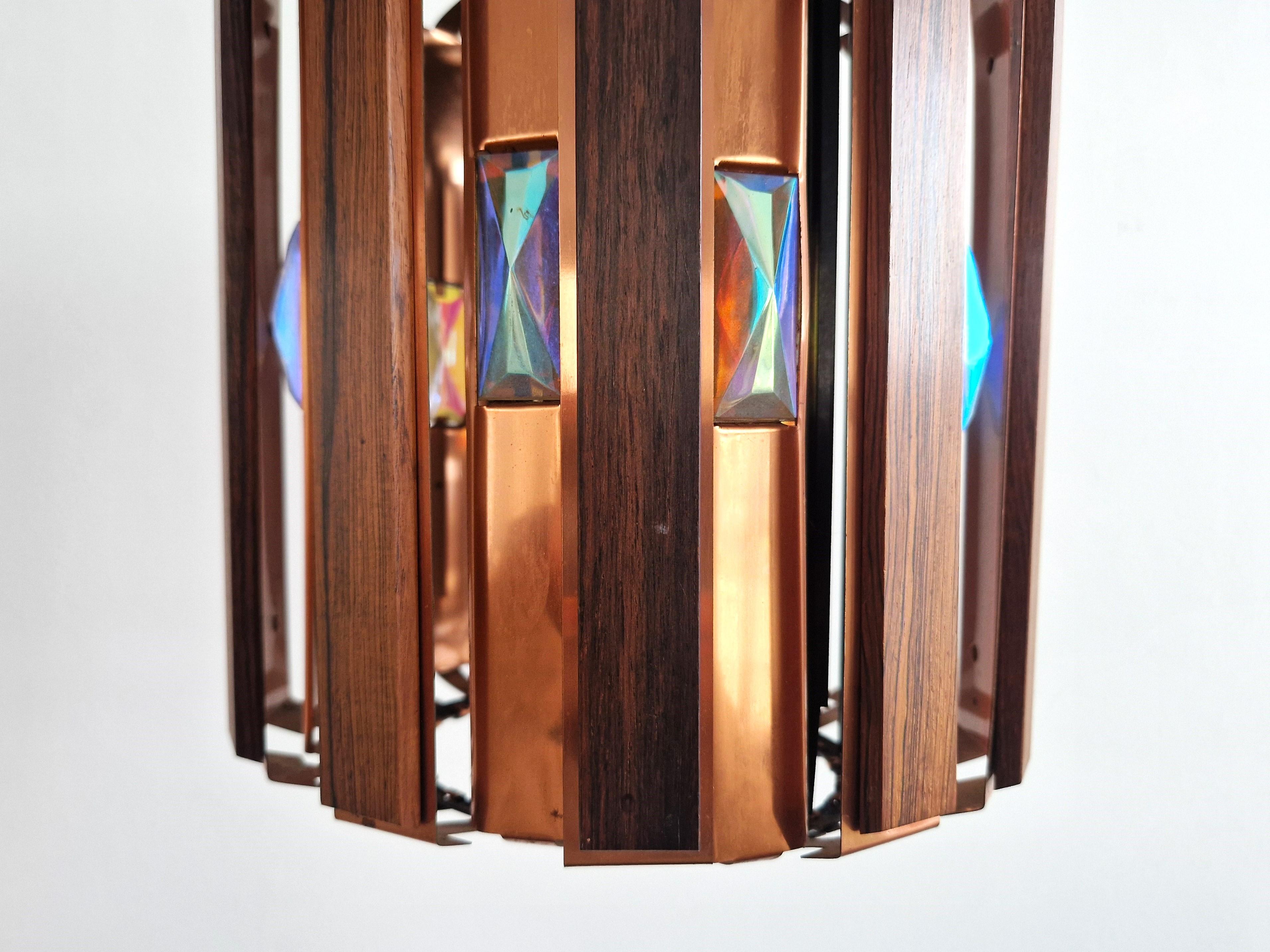 Mid-Century Modern Wood and copper pendant lamp by Werner Schou for Coronell Elektro, Denmark 1960s For Sale