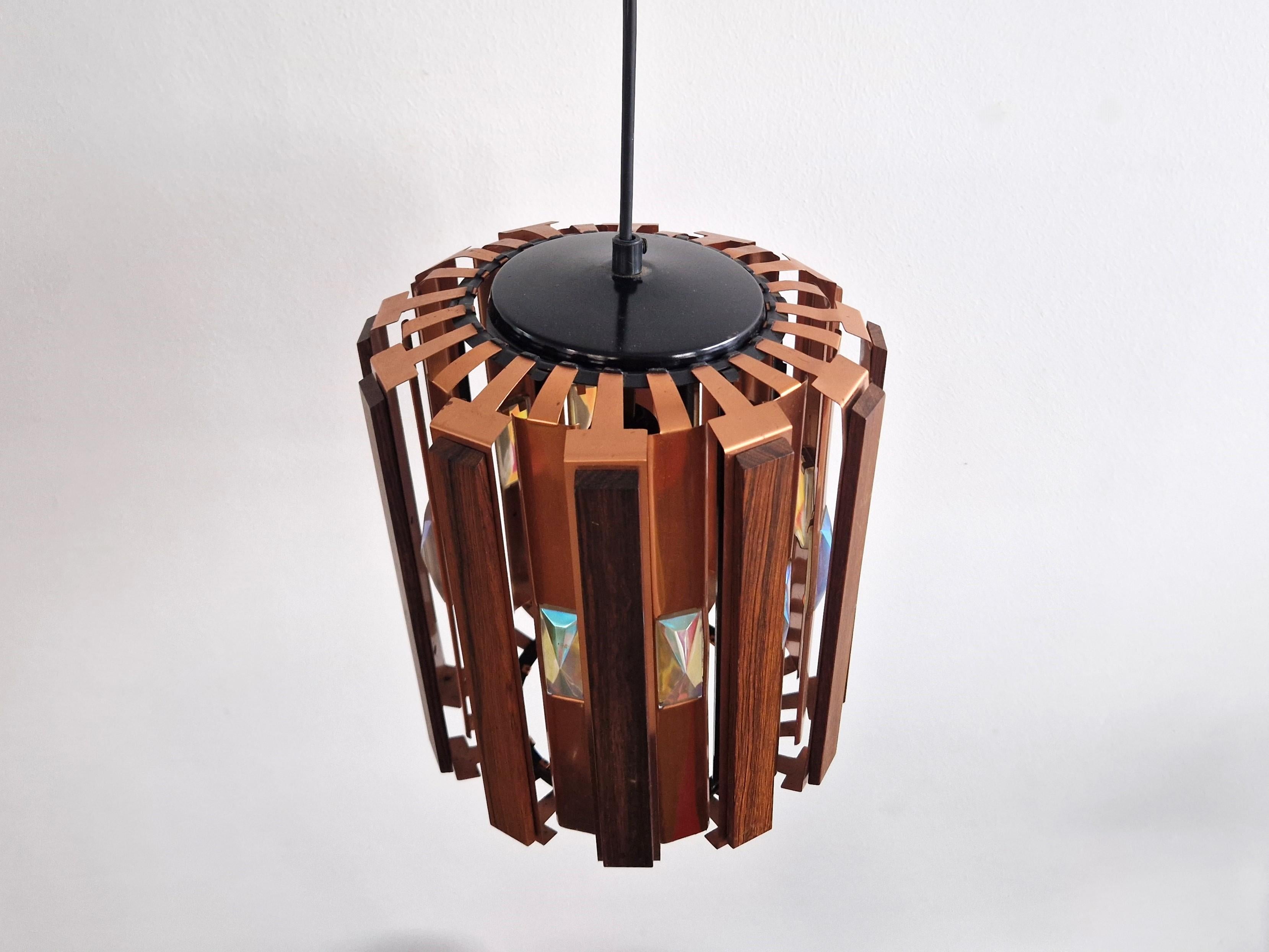 Danish Wood and copper pendant lamp by Werner Schou for Coronell Elektro, Denmark 1960s For Sale