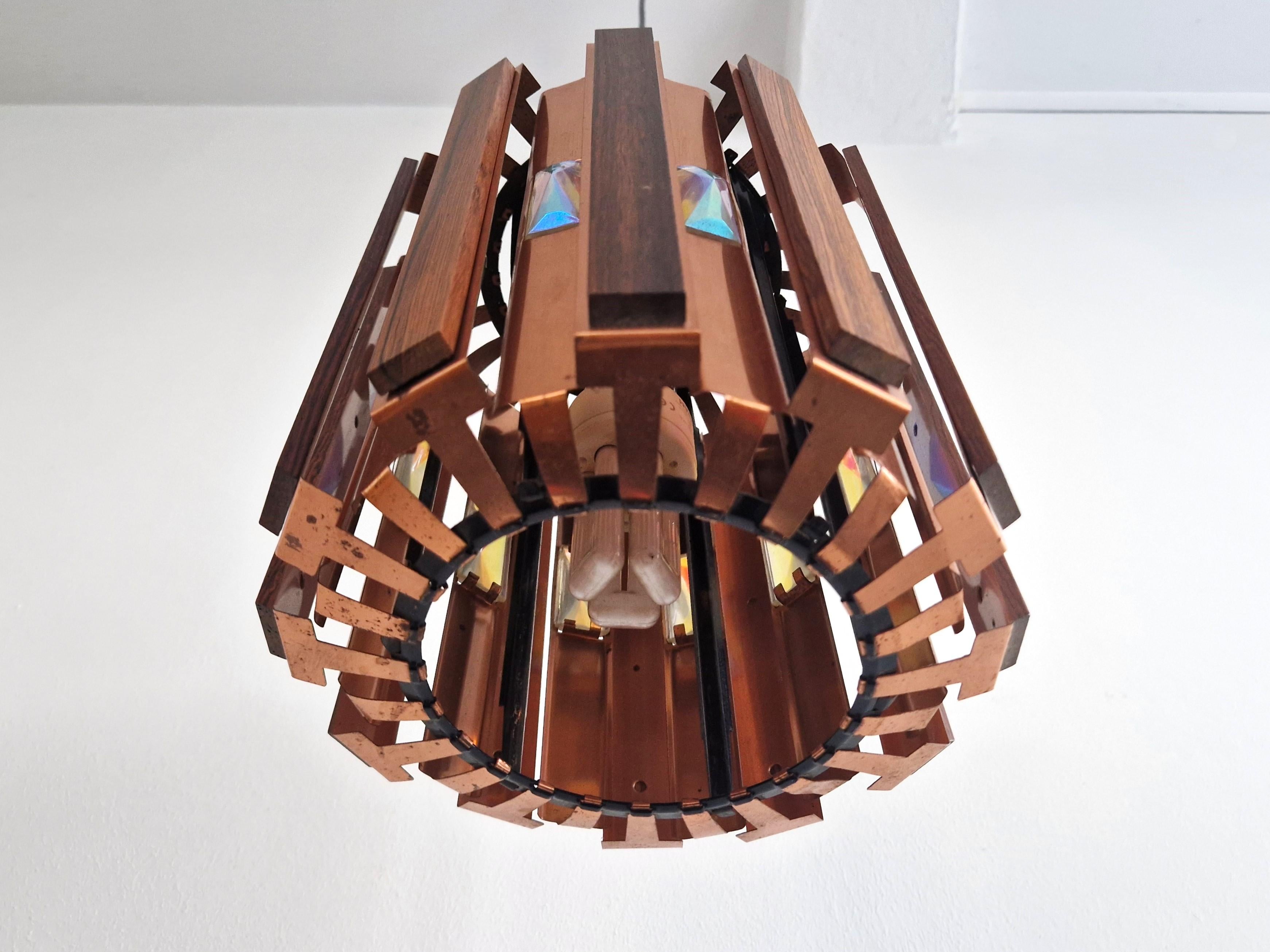 Wood and copper pendant lamp by Werner Schou for Coronell Elektro, Denmark 1960s In Good Condition For Sale In Steenwijk, NL