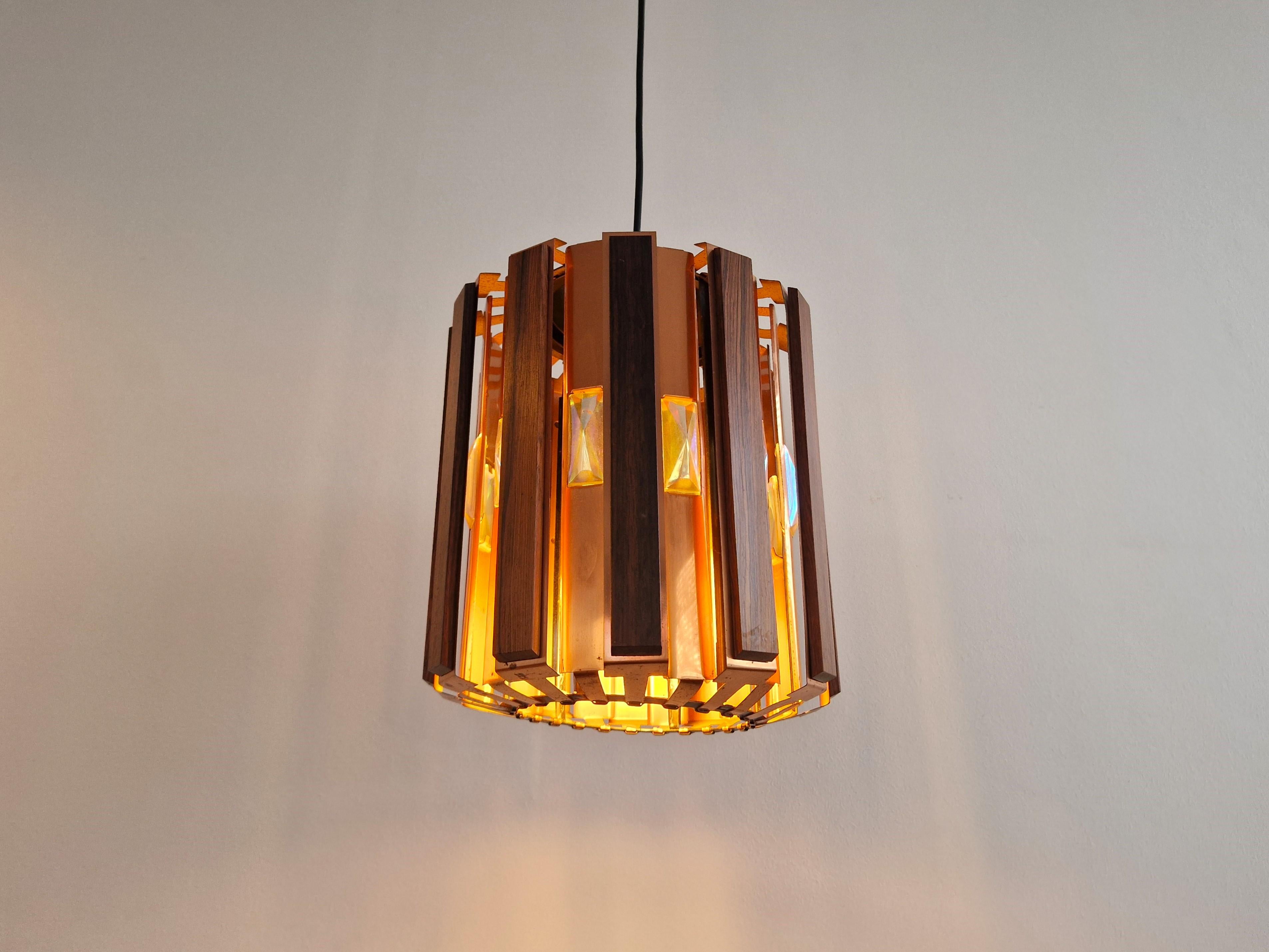 Metal Wood and copper pendant lamp by Werner Schou for Coronell Elektro, Denmark 1960s For Sale