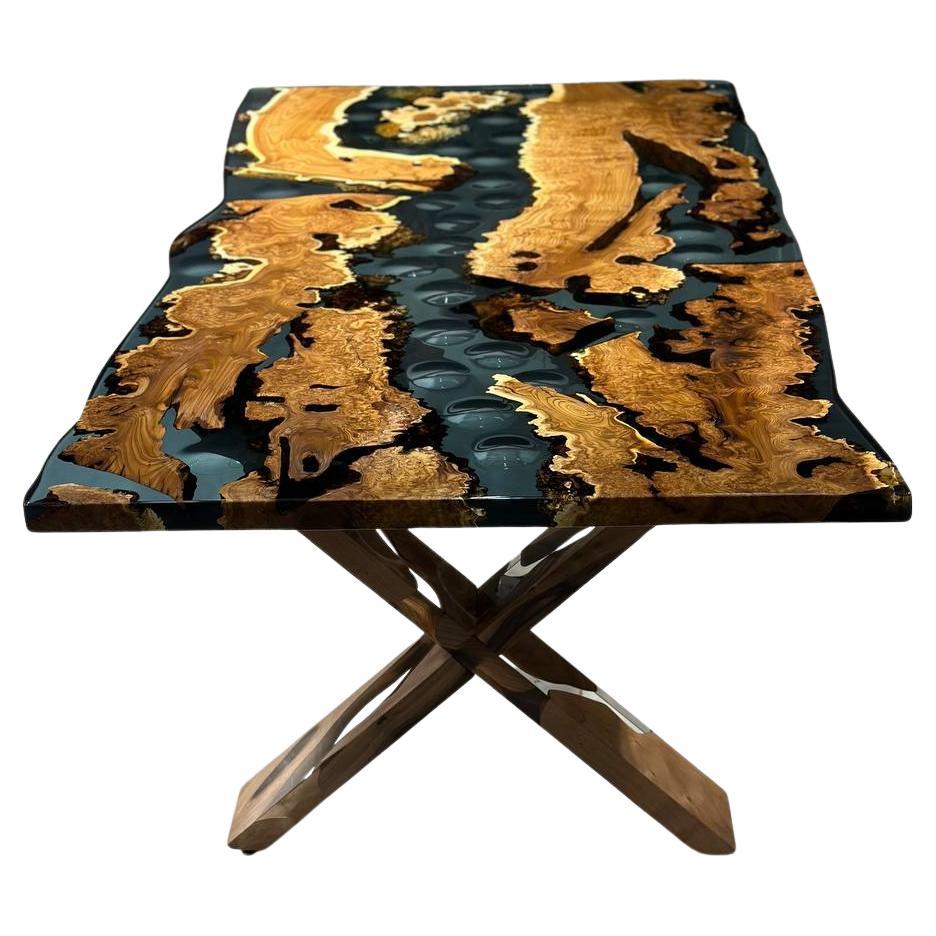 Arts and Crafts Wood And Epoxy Resin Dining Room Live Edge Table, Walnut Dining Room Table For Sale