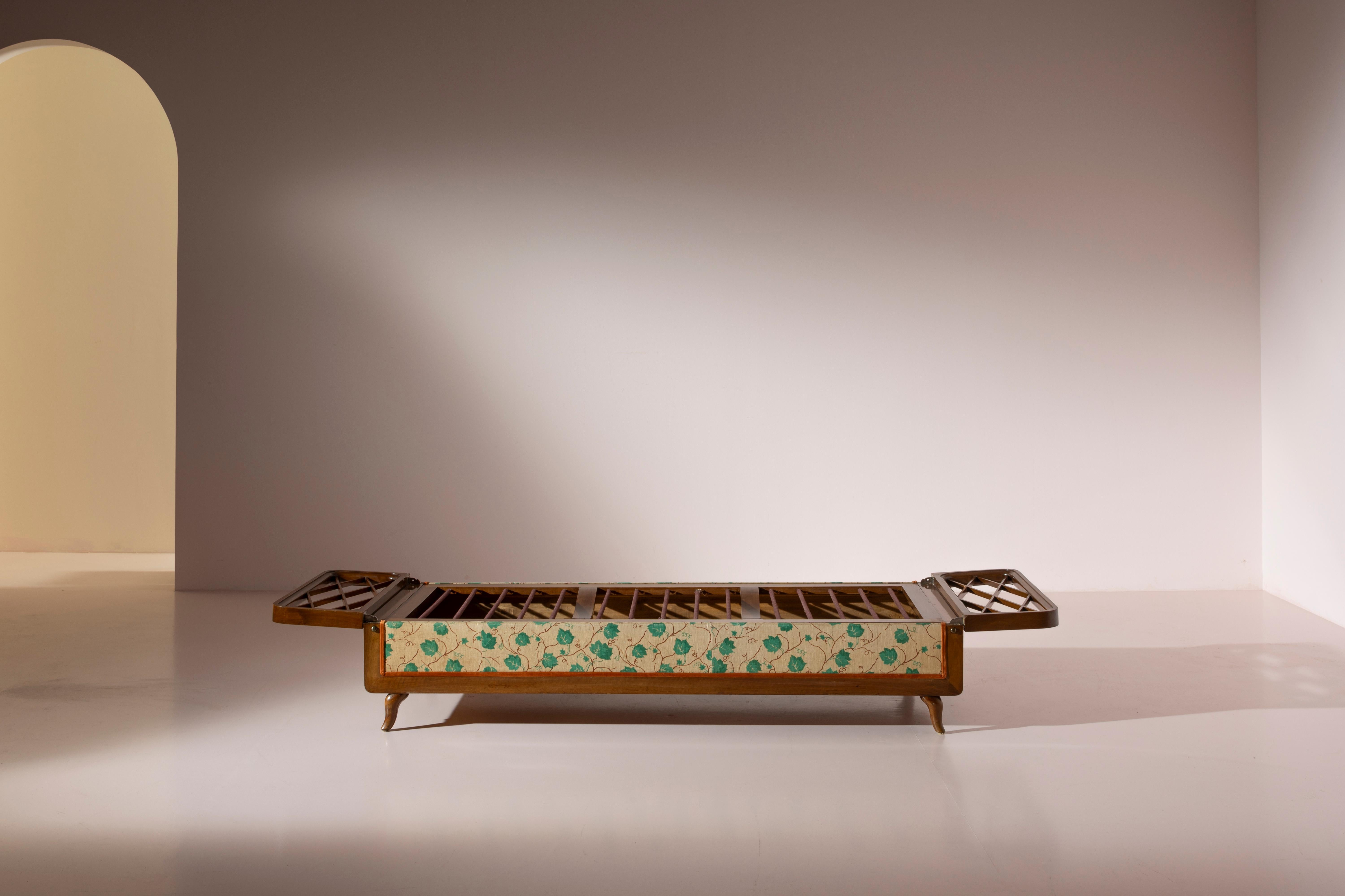 Fabric Wood and fabric daybed with foldable armrests and storage unit, Italy, 1950s