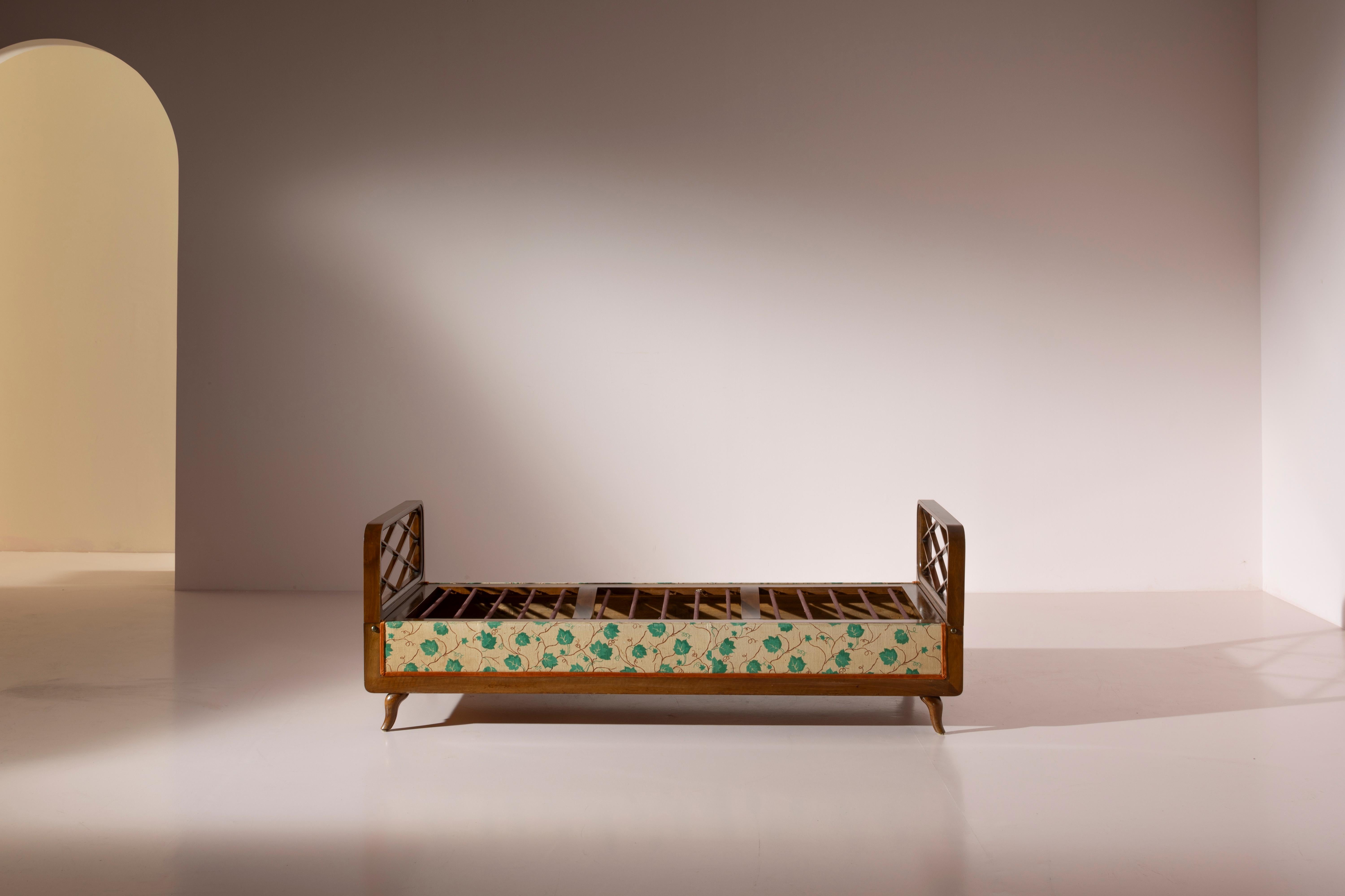 Wood and fabric daybed with foldable armrests and storage unit, Italy, 1950s 1