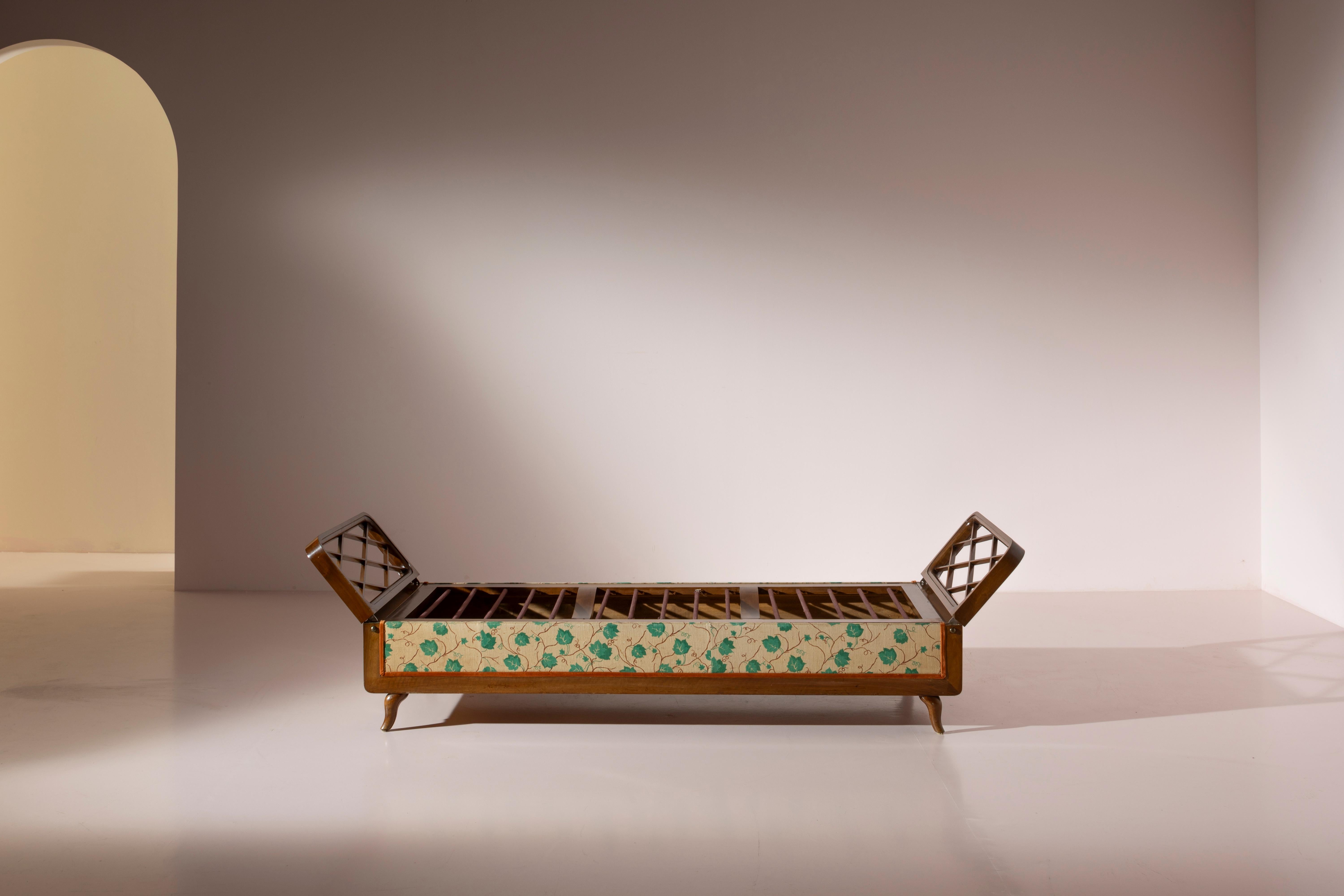 Wood and fabric daybed with foldable armrests and storage unit, Italy, 1950s 2