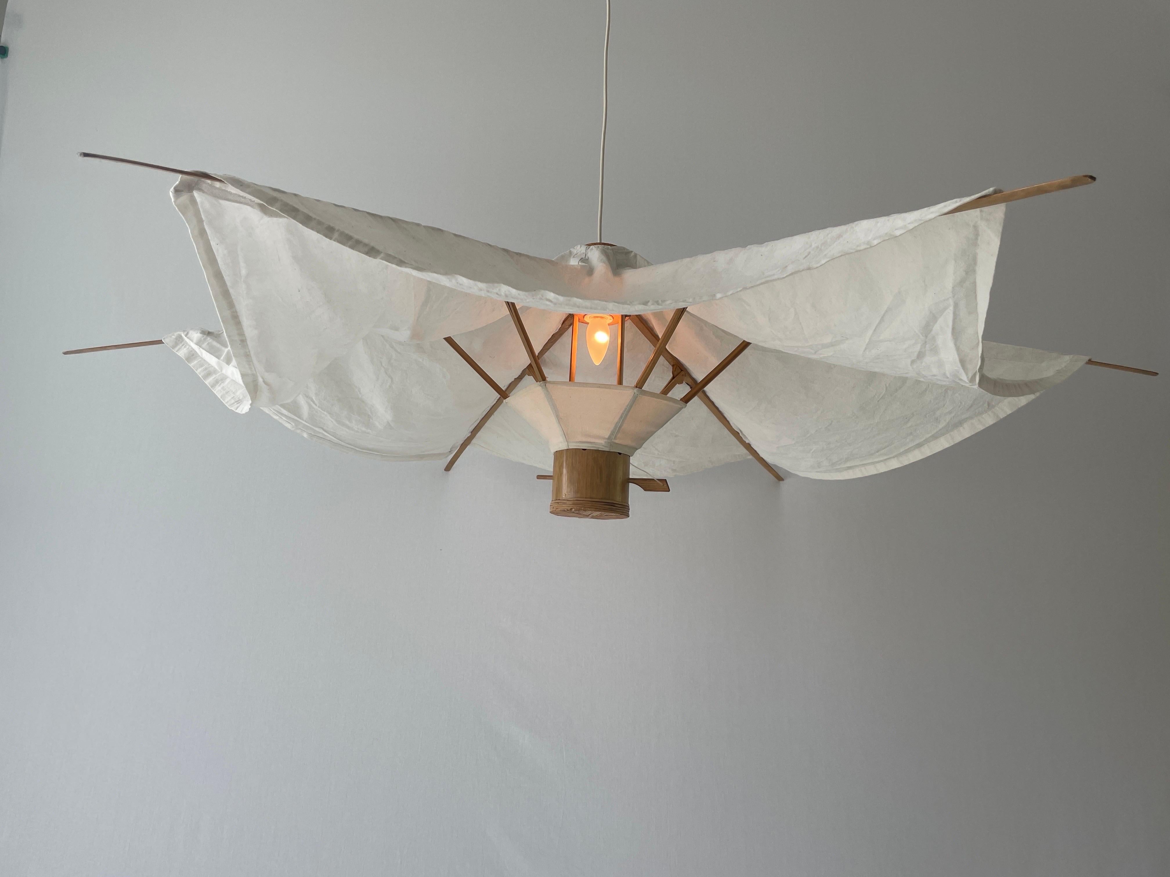 Wood and Fabric Tent Design Extralarge Pendant Lamp by Domus, 1980s, Italy For Sale 6