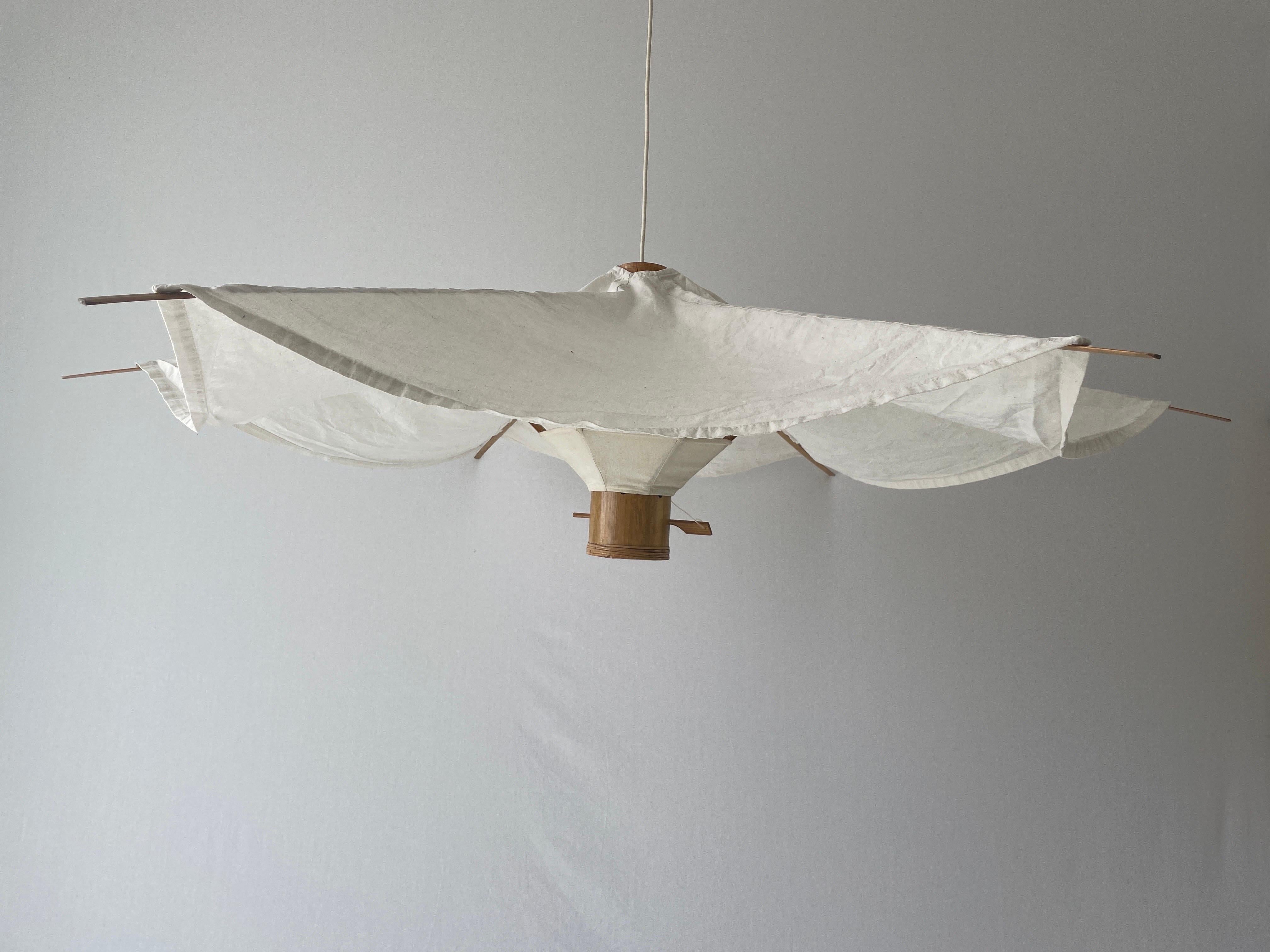 Italian Wood and Fabric Tent Design Extralarge Pendant Lamp by Domus, 1980s, Italy For Sale
