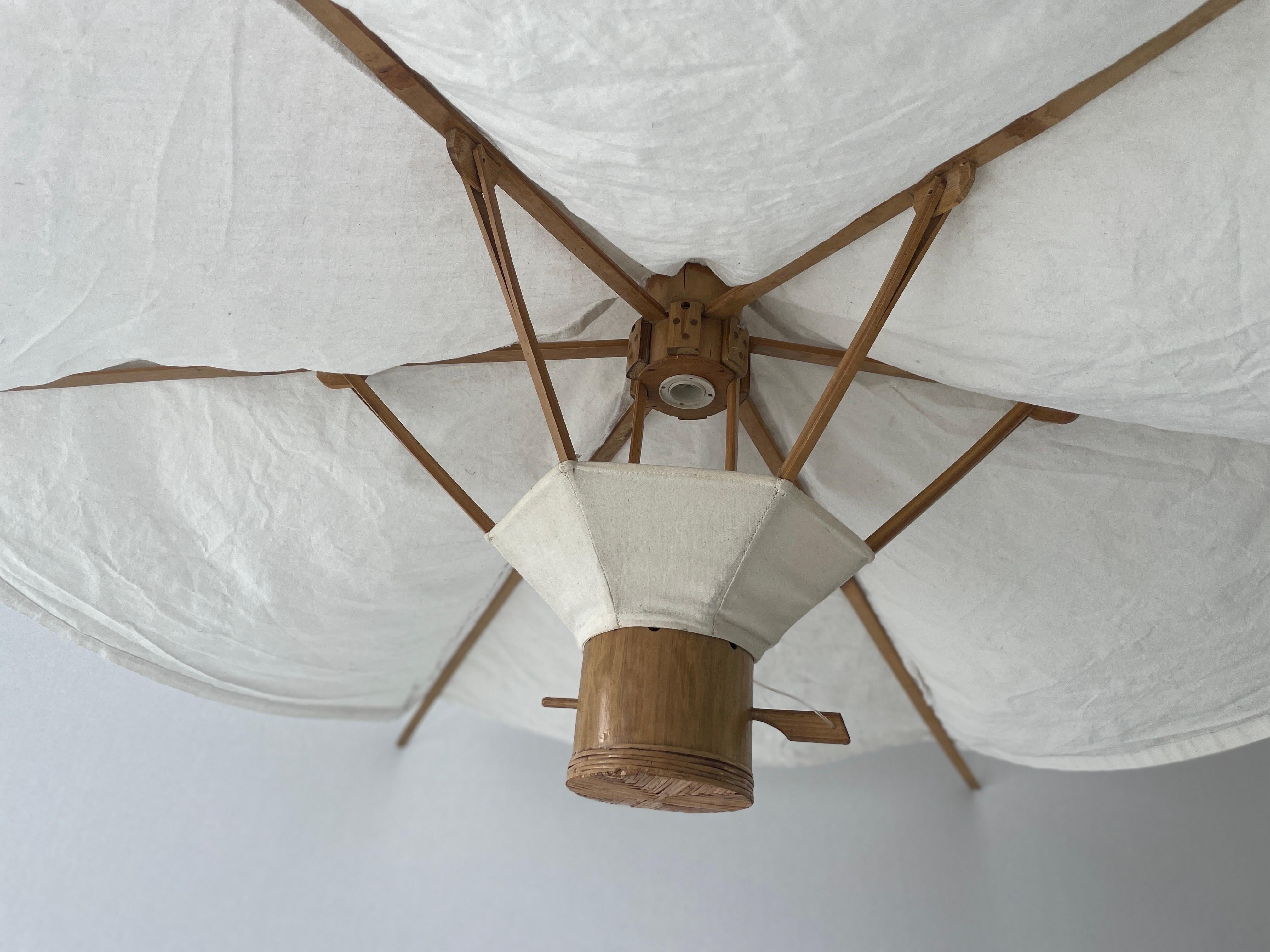 Wood and Fabric Tent Design Extralarge Pendant Lamp by Domus, 1980s, Italy For Sale 1