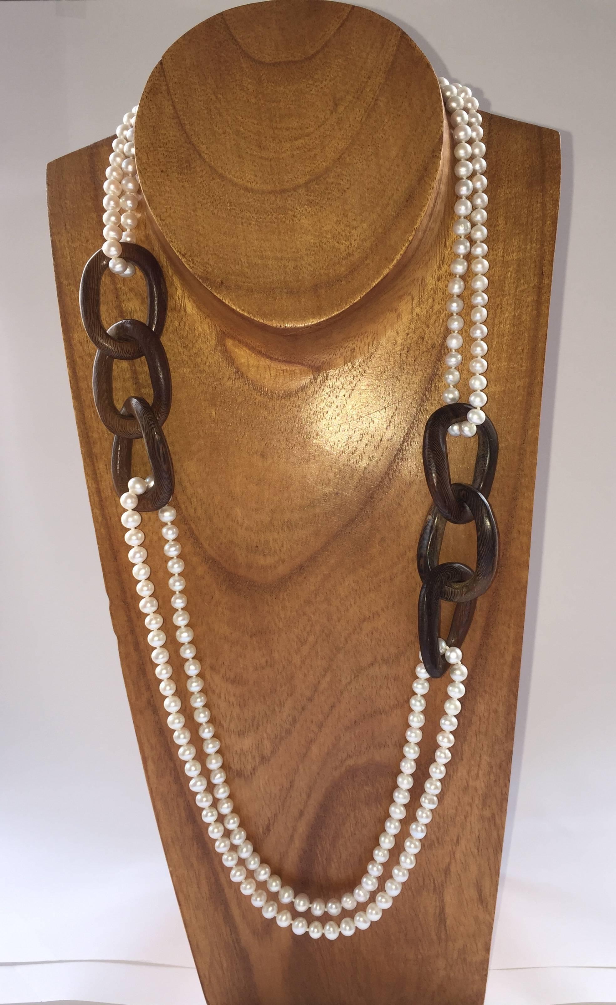 Contemporary Wood and Fresh Water Pearls Sautoir by Marion Jeantet
