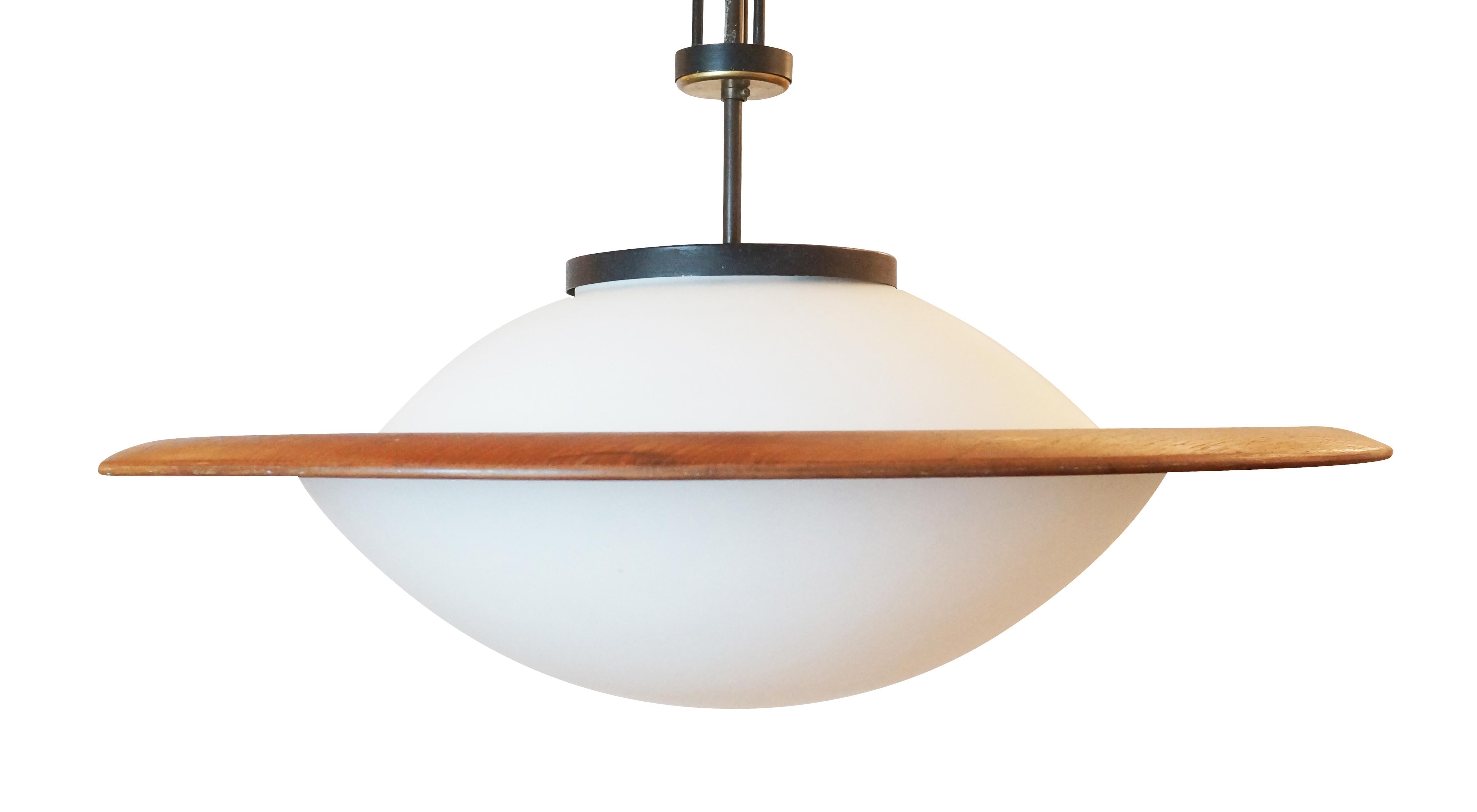 Italian Wood and Frosted Glass Pendant, Italy, 1960s For Sale