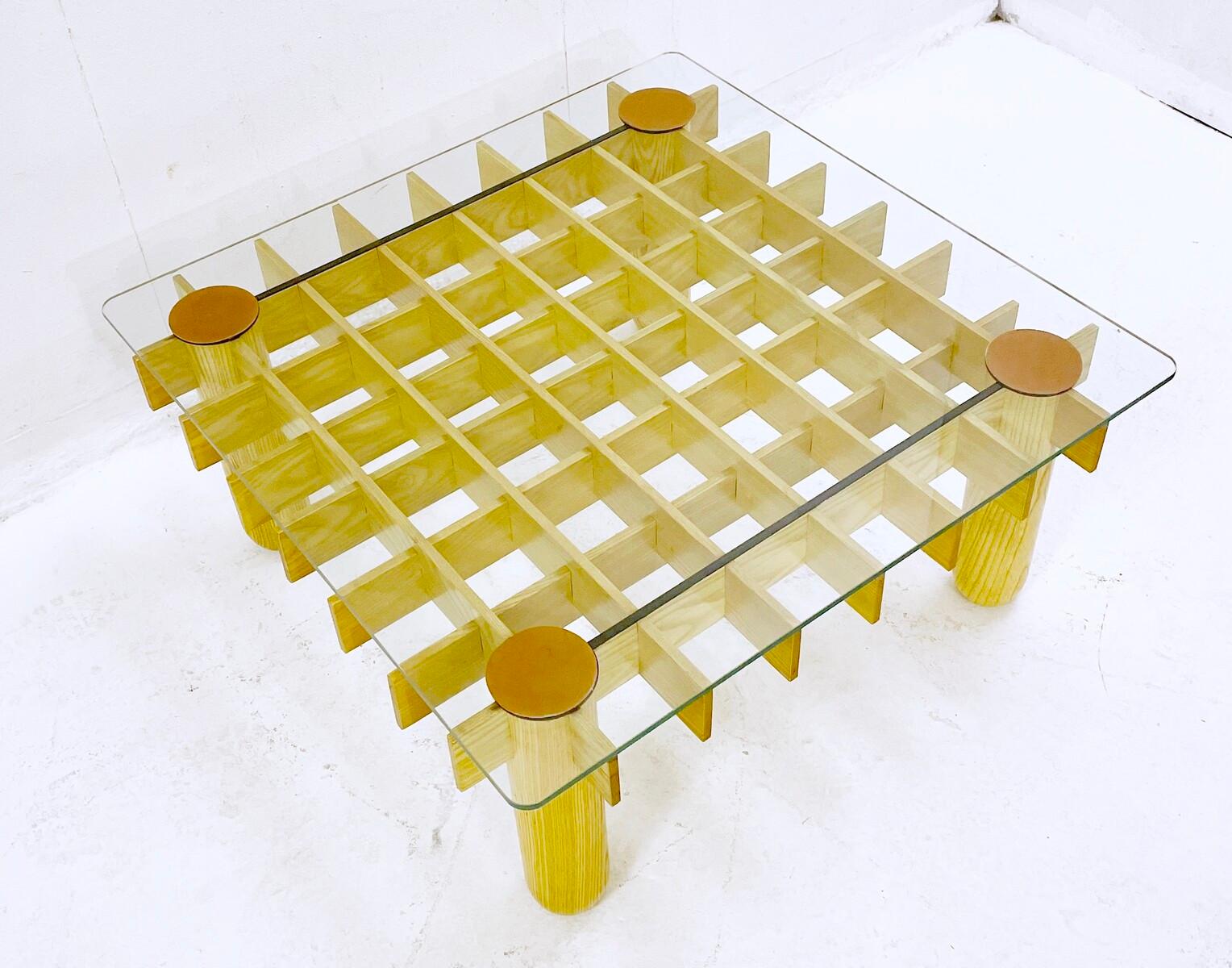 Mid-century wood and glass square coffee table ,Italy 1970