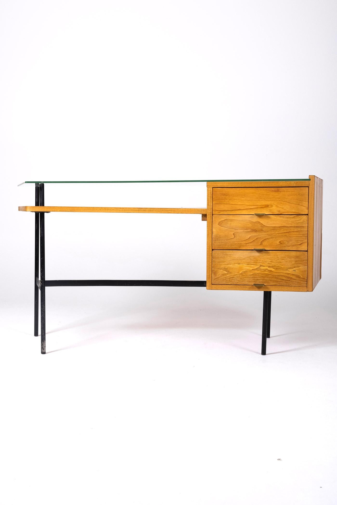 Wood and glass desk by Jean René Picard, 1960s In Good Condition In PARIS, FR