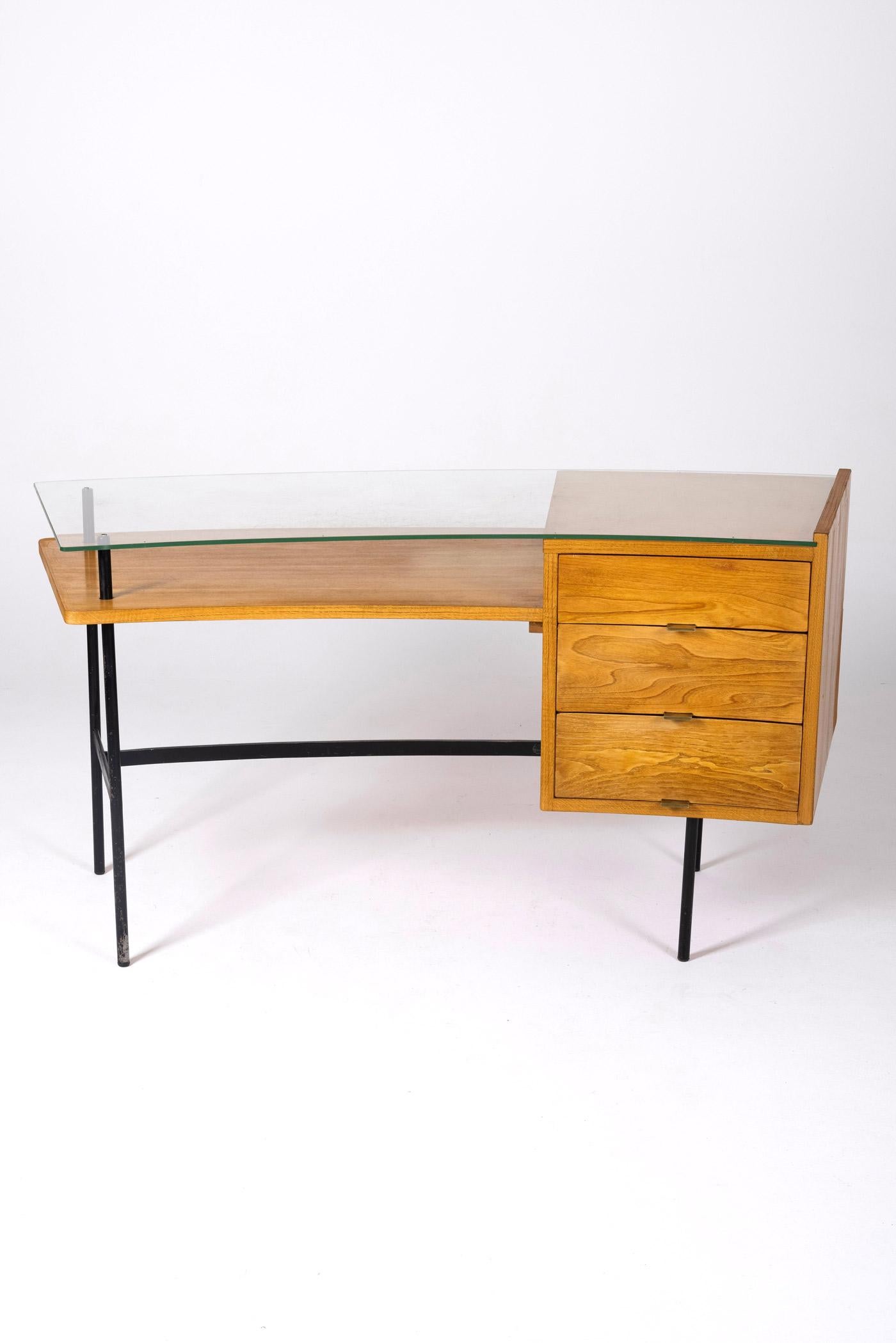Glass Wood and glass desk by Jean René Picard, 1960s