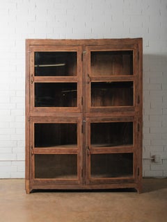 Wood and Glass Four-Door Display Cabinet with Patinated Finish