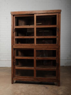 Wood and Glass Four Sliding-Door Display Cabinet with Patinated Finish