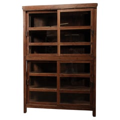 Wood and Glass Four Sliding-Door Display Cabinet with Patinated Finish
