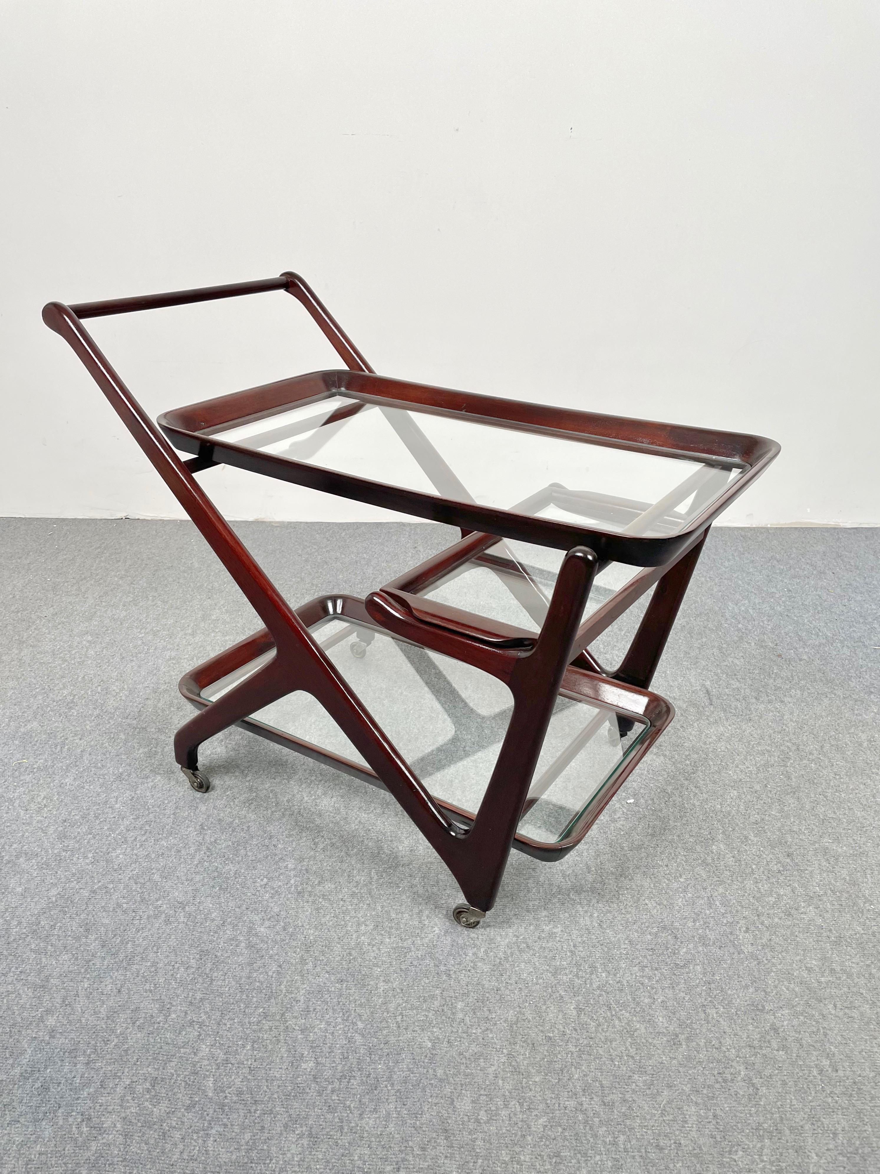 Wood and Glass Serving Bar Cart by Cesare Lacca, Italy, 1950s 4