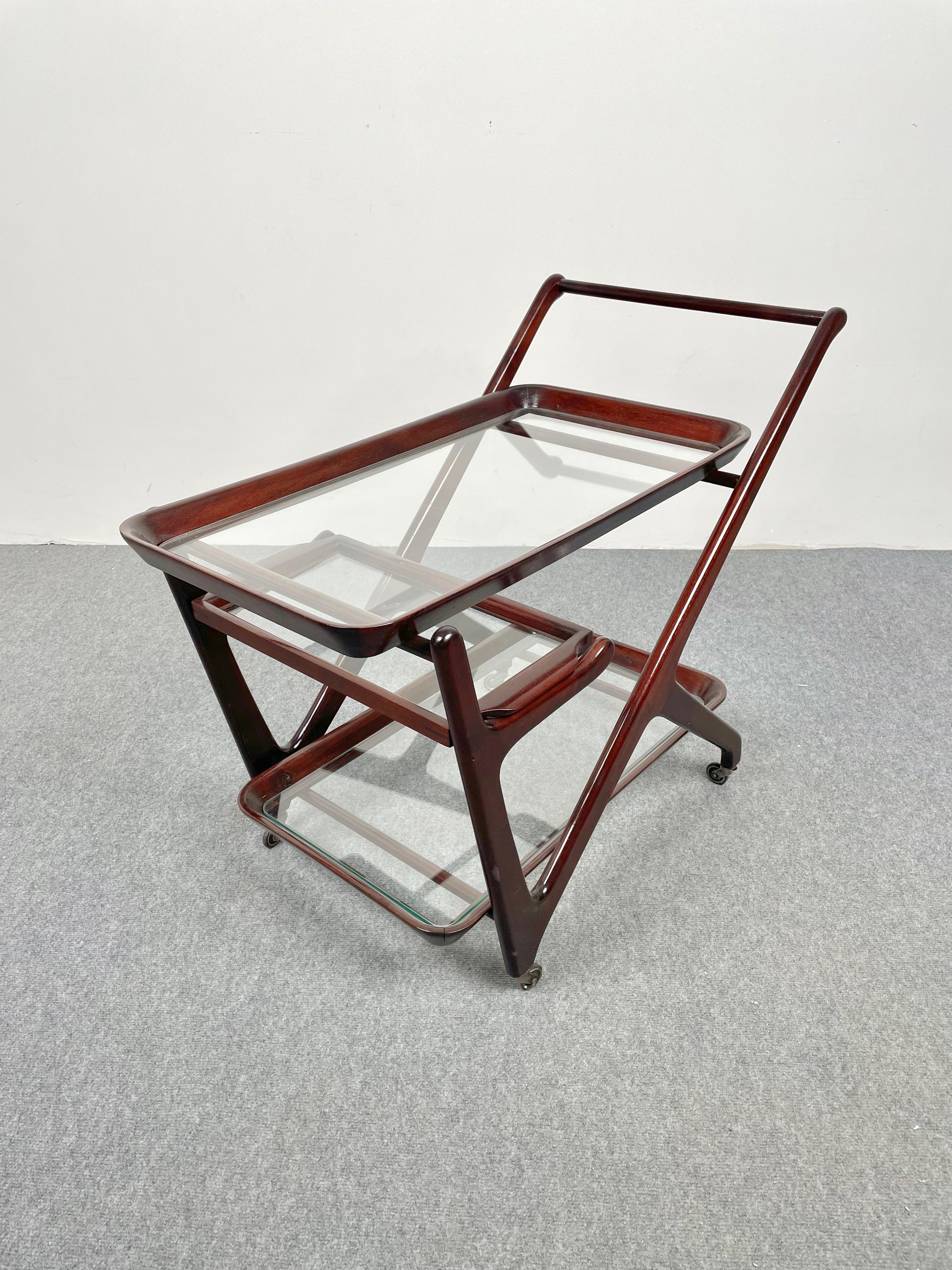 Italian Wood and Glass Serving Bar Cart by Cesare Lacca, Italy, 1950s