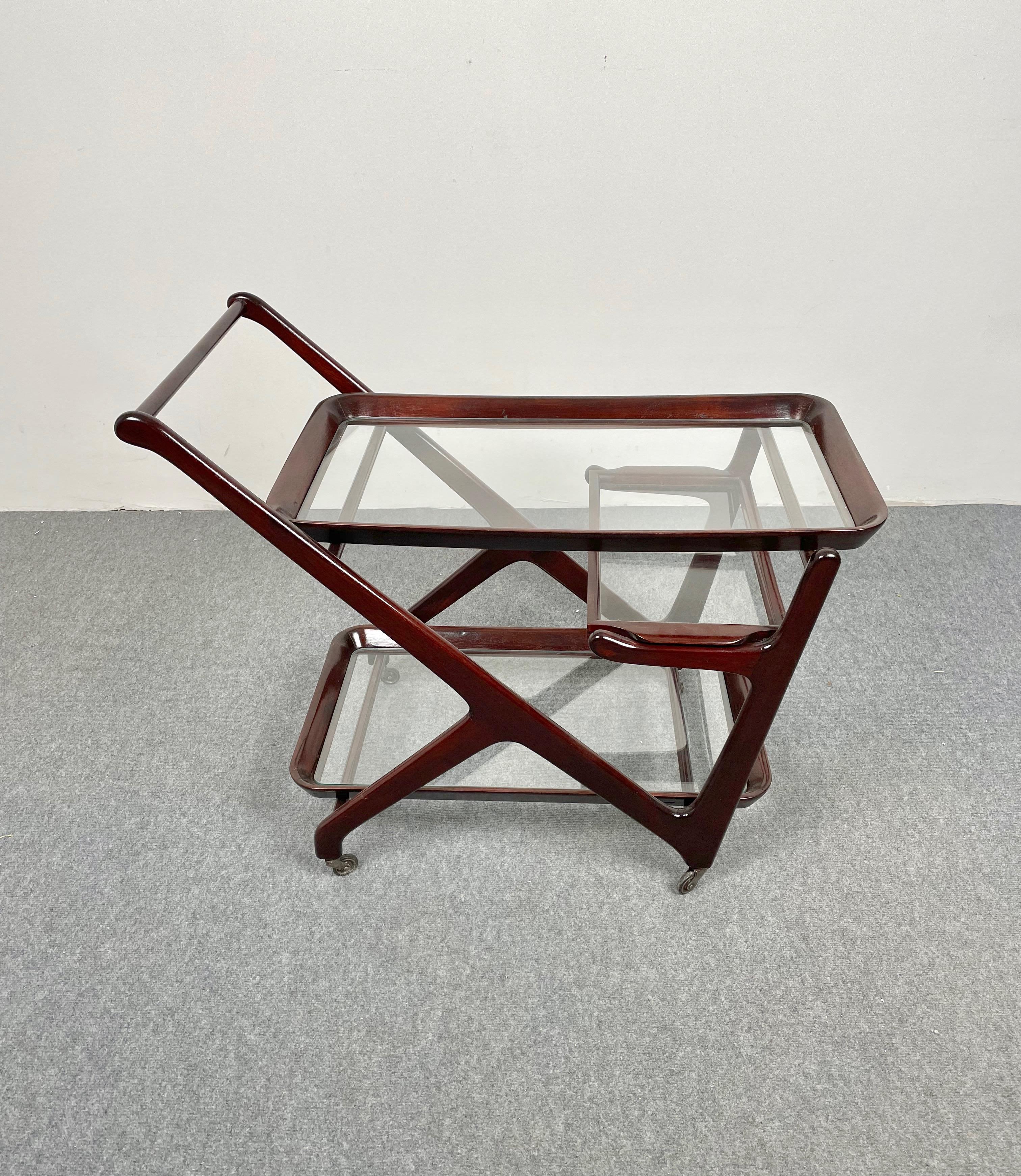 Wood and Glass Serving Bar Cart by Cesare Lacca, Italy, 1950s In Good Condition In Rome, IT