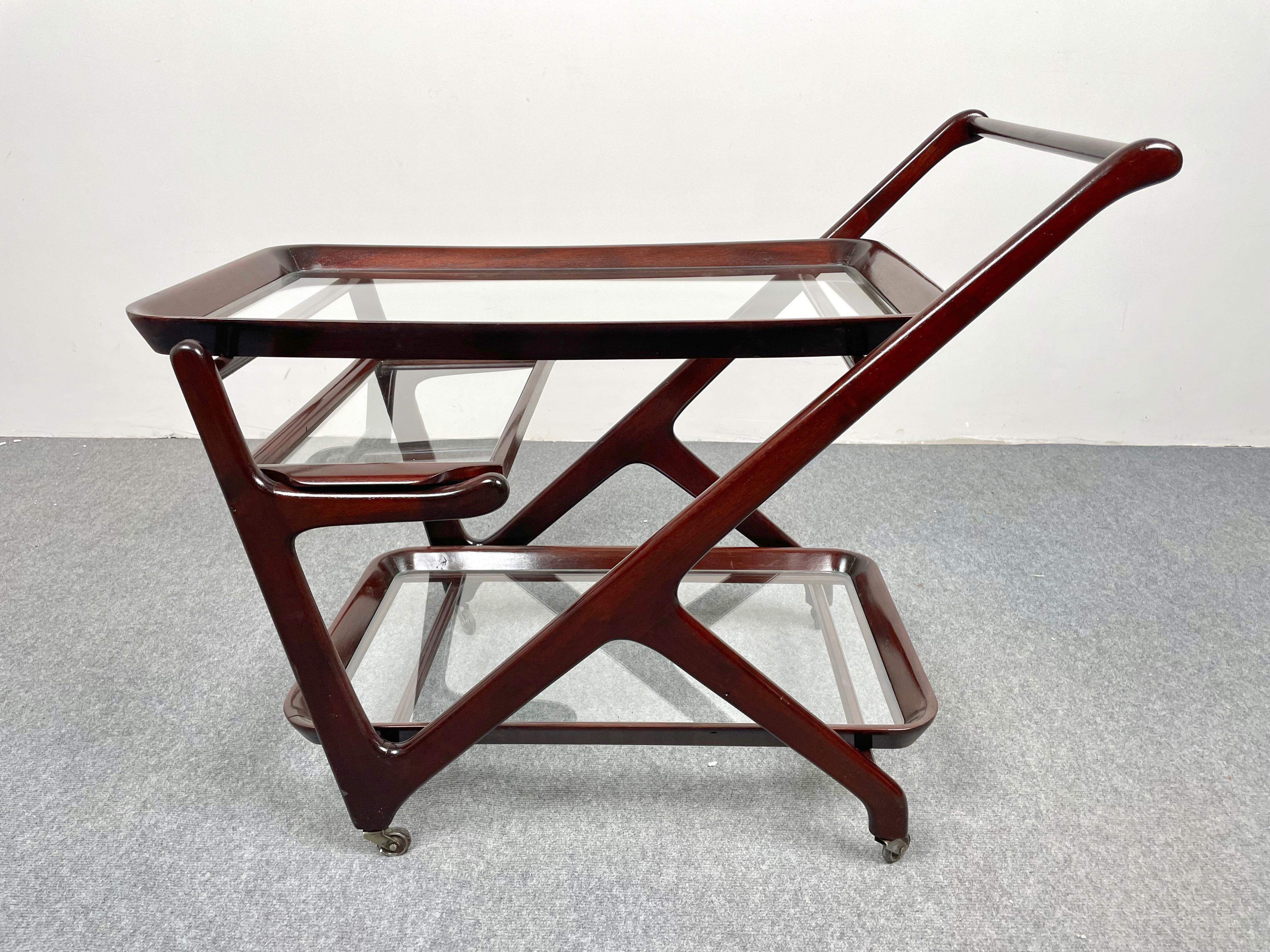 Mid-20th Century Wood and Glass Serving Bar Cart by Cesare Lacca, Italy, 1950s