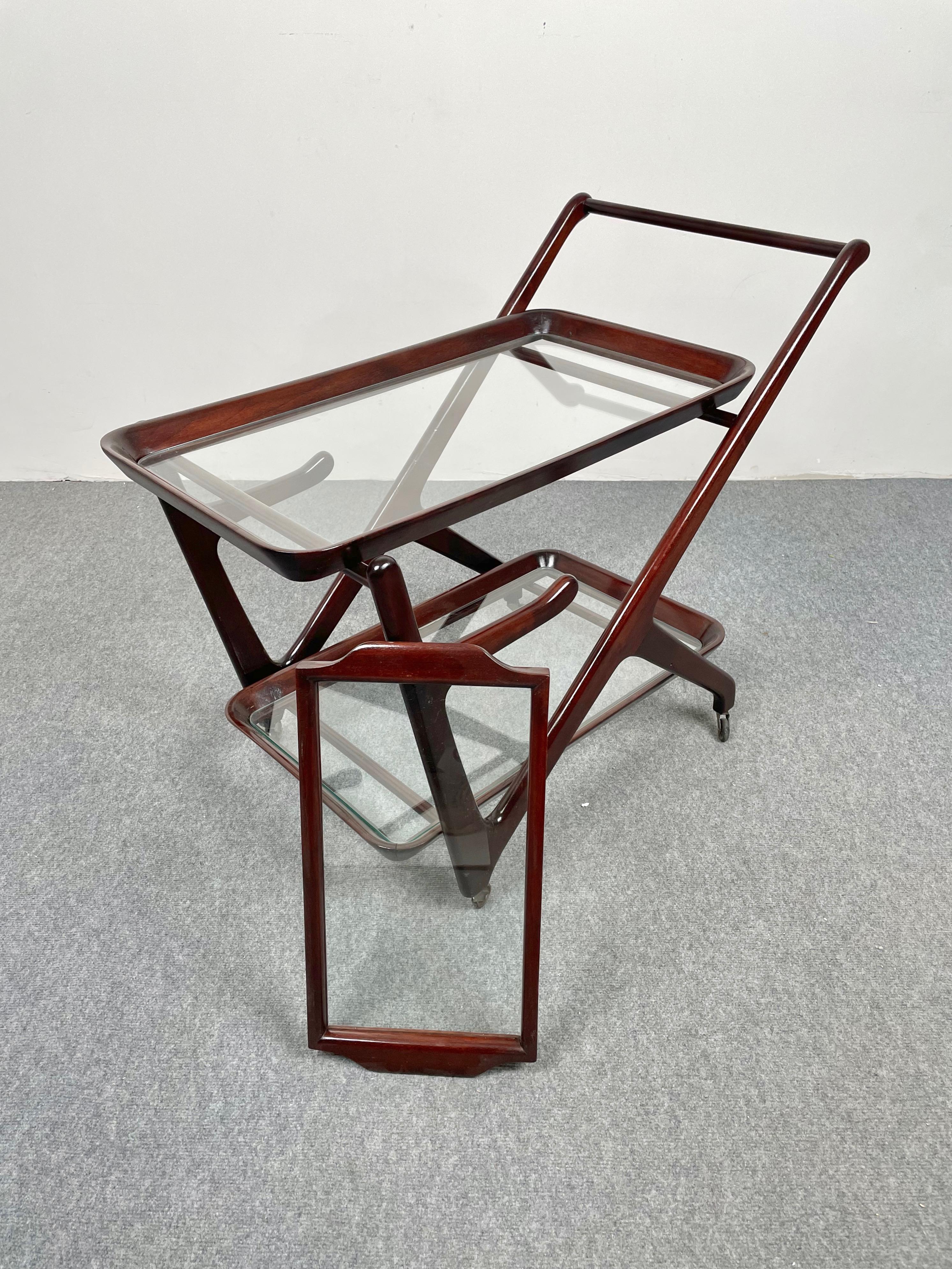 Wood and Glass Serving Bar Cart by Cesare Lacca, Italy, 1950s 1