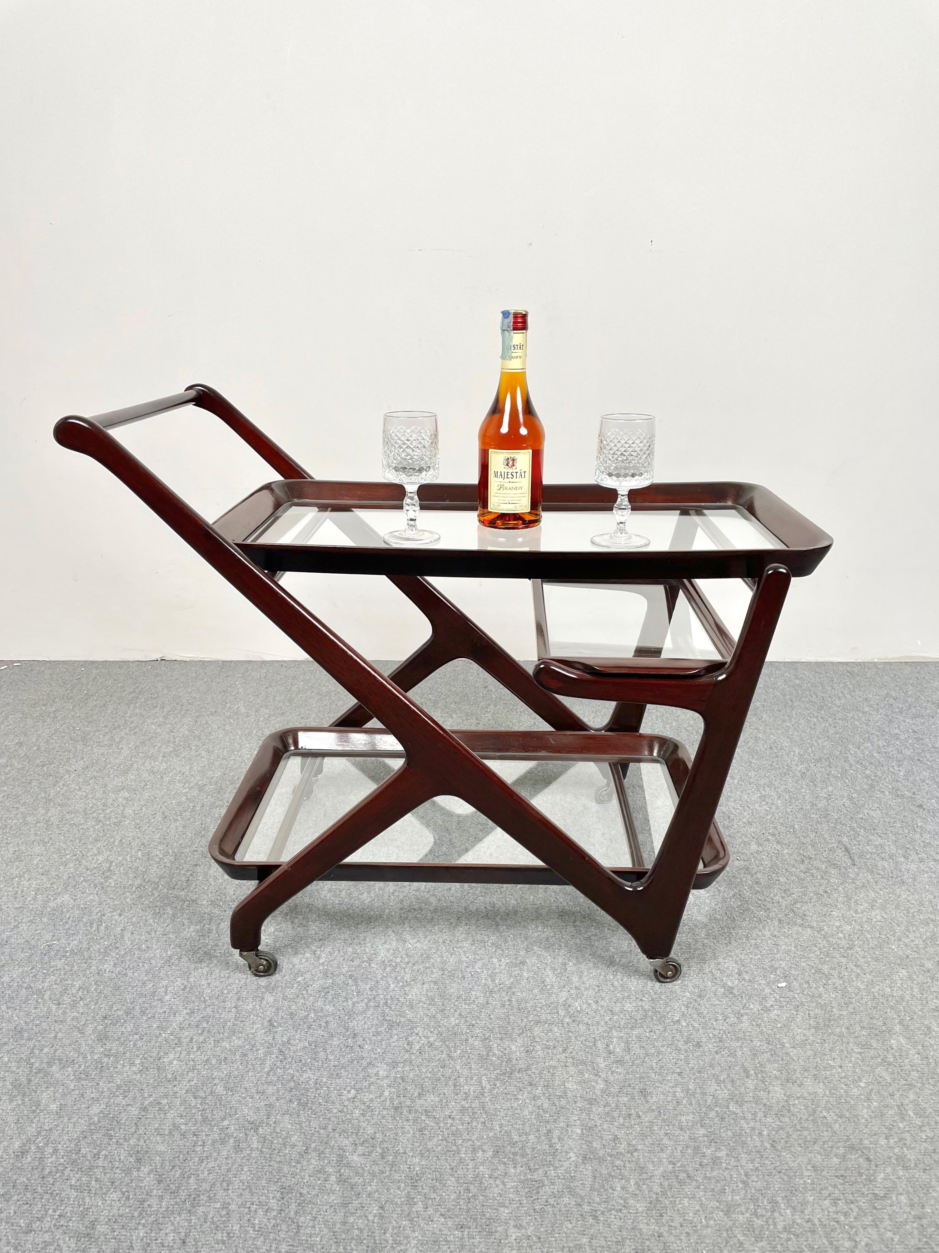 Wood and Glass Serving Bar Cart by Cesare Lacca, Italy, 1950s 2