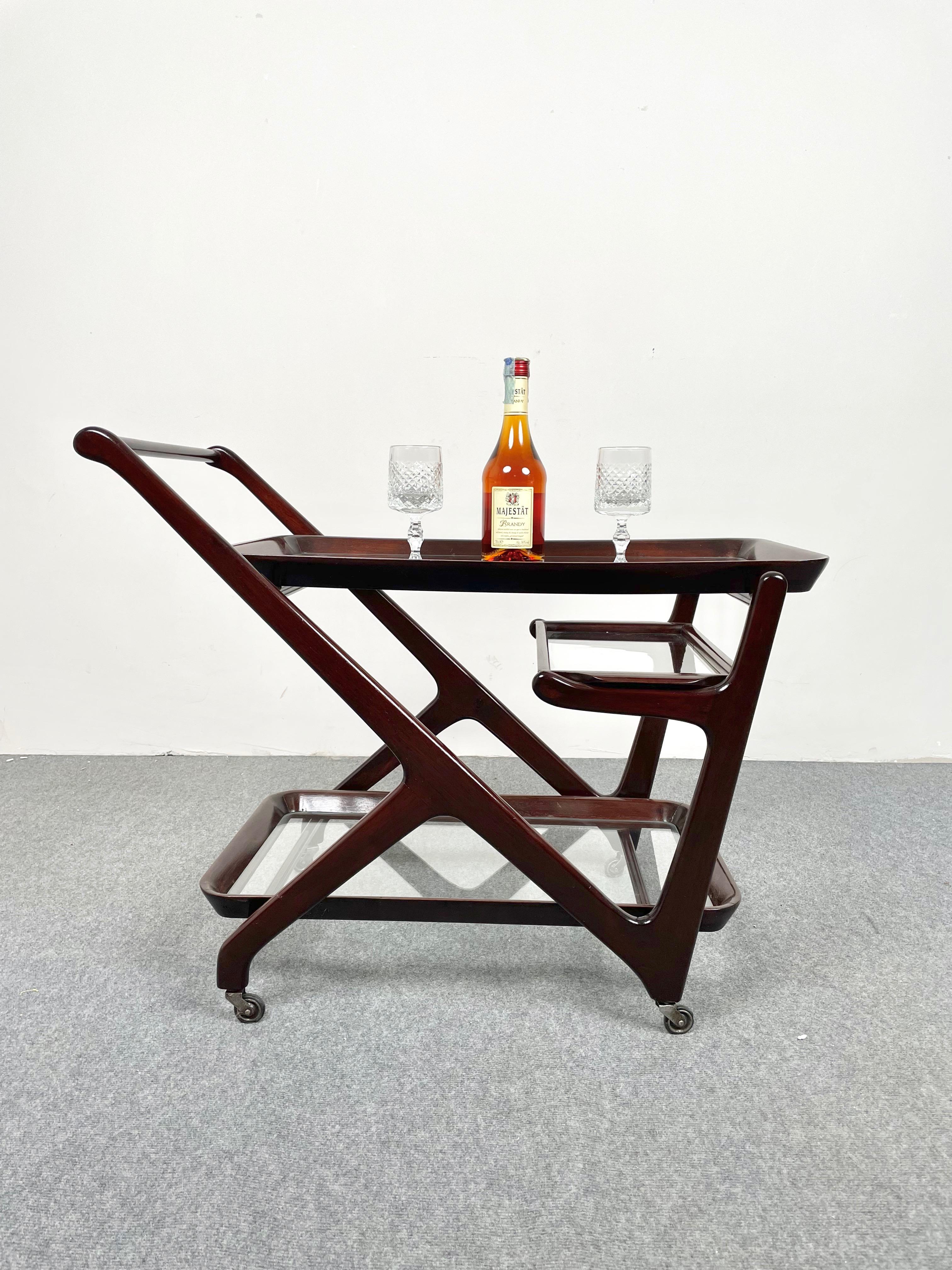 Wood and Glass Serving Bar Cart by Cesare Lacca, Italy, 1950s 3