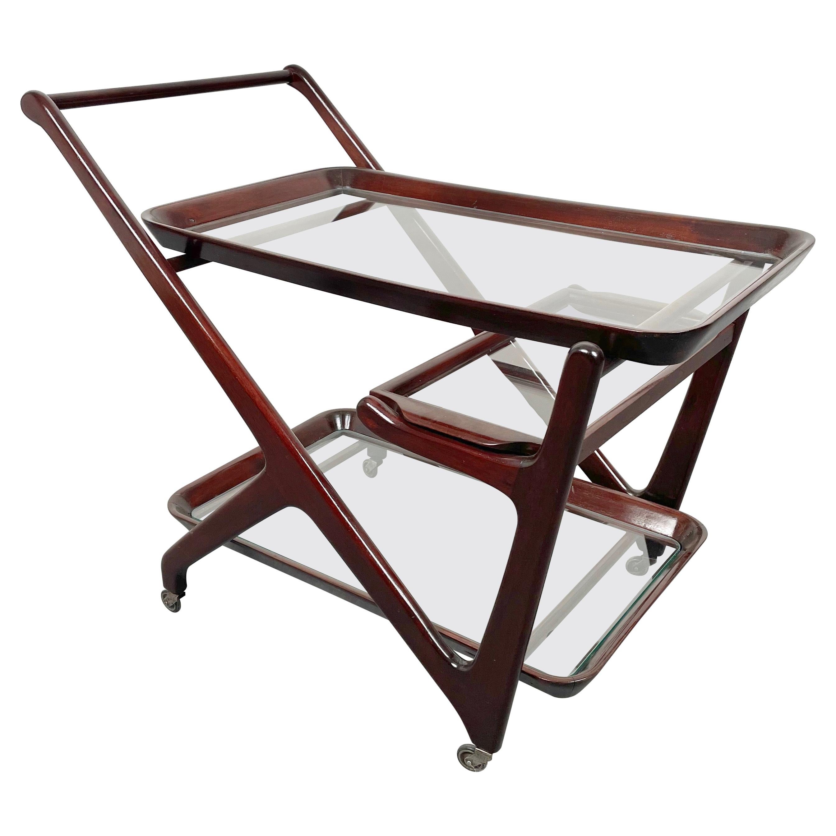 Wood and Glass Serving Bar Cart by Cesare Lacca, Italy, 1950s