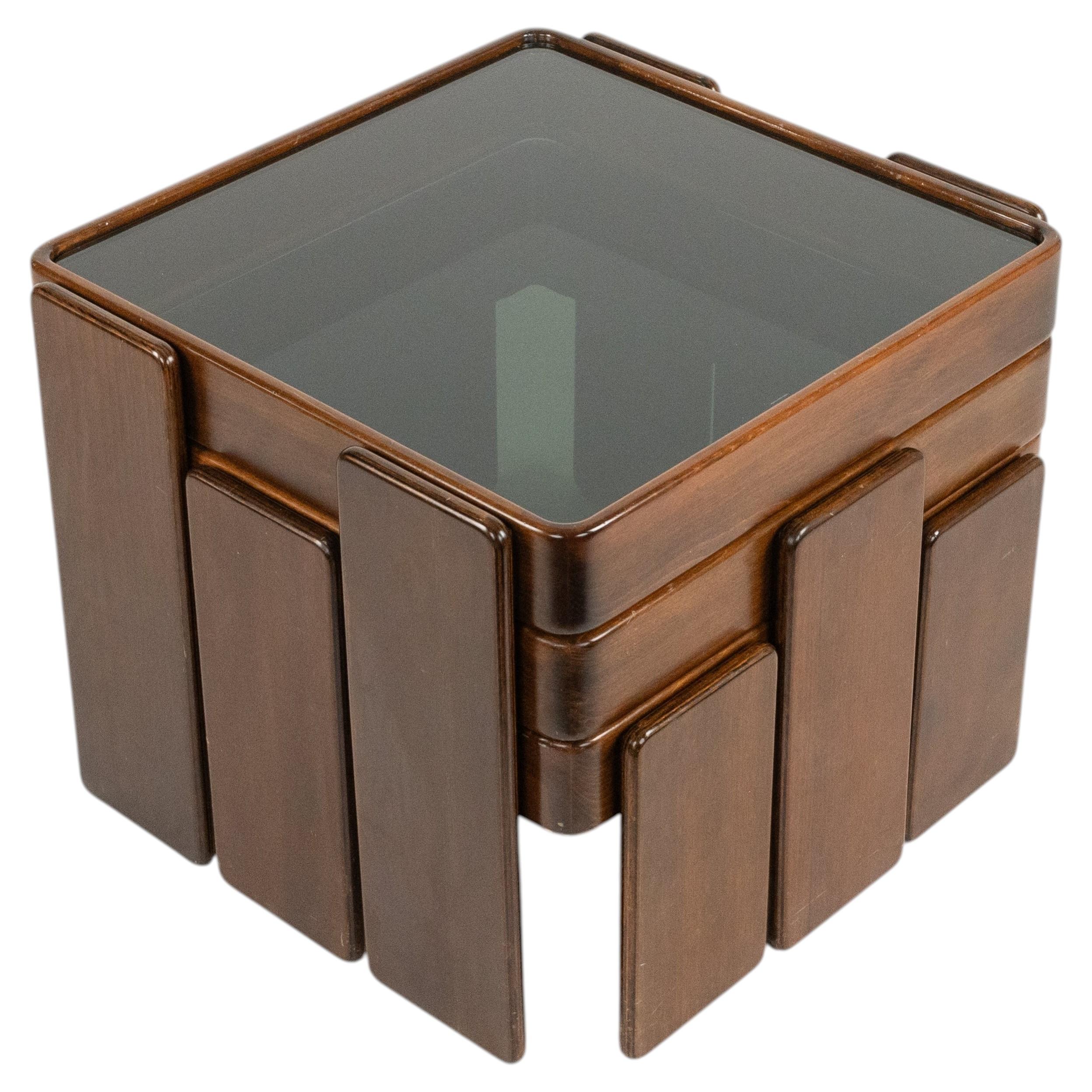 Wood and Glass Set of Three Nesting Tables by Gianfranco Frattini, Italy 1970s For Sale