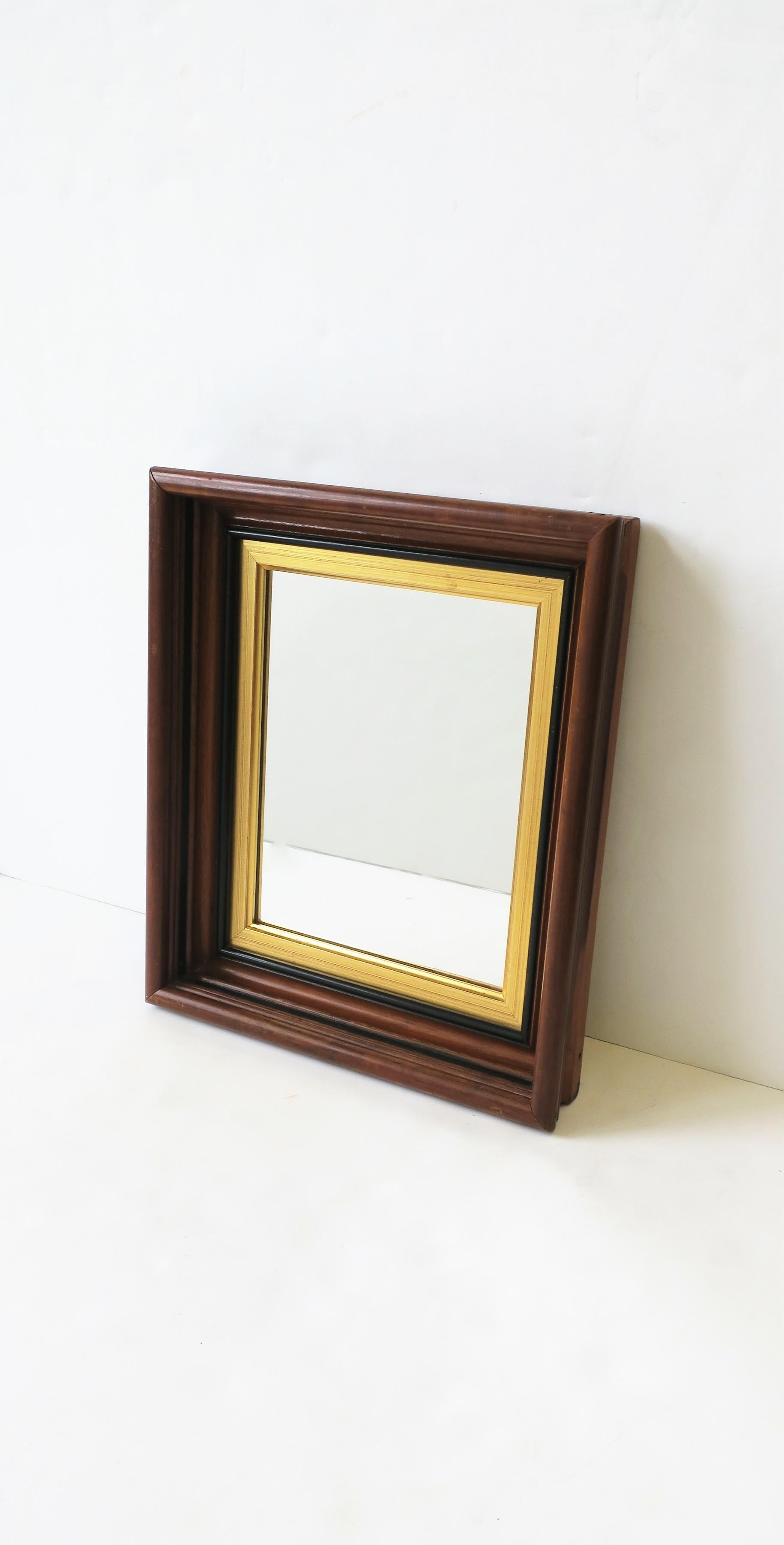 European Brown Wood and Gold Giltwood Framed Wall or Vanity Mirror
