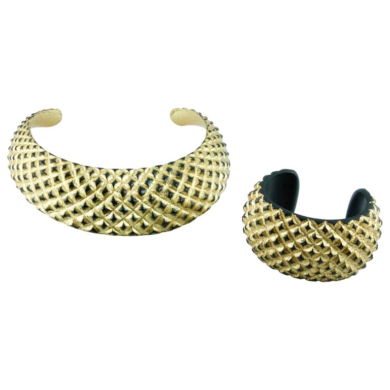 Wood and Gold Leaf Cuff Bracelet Choker Necklace Parure Set For