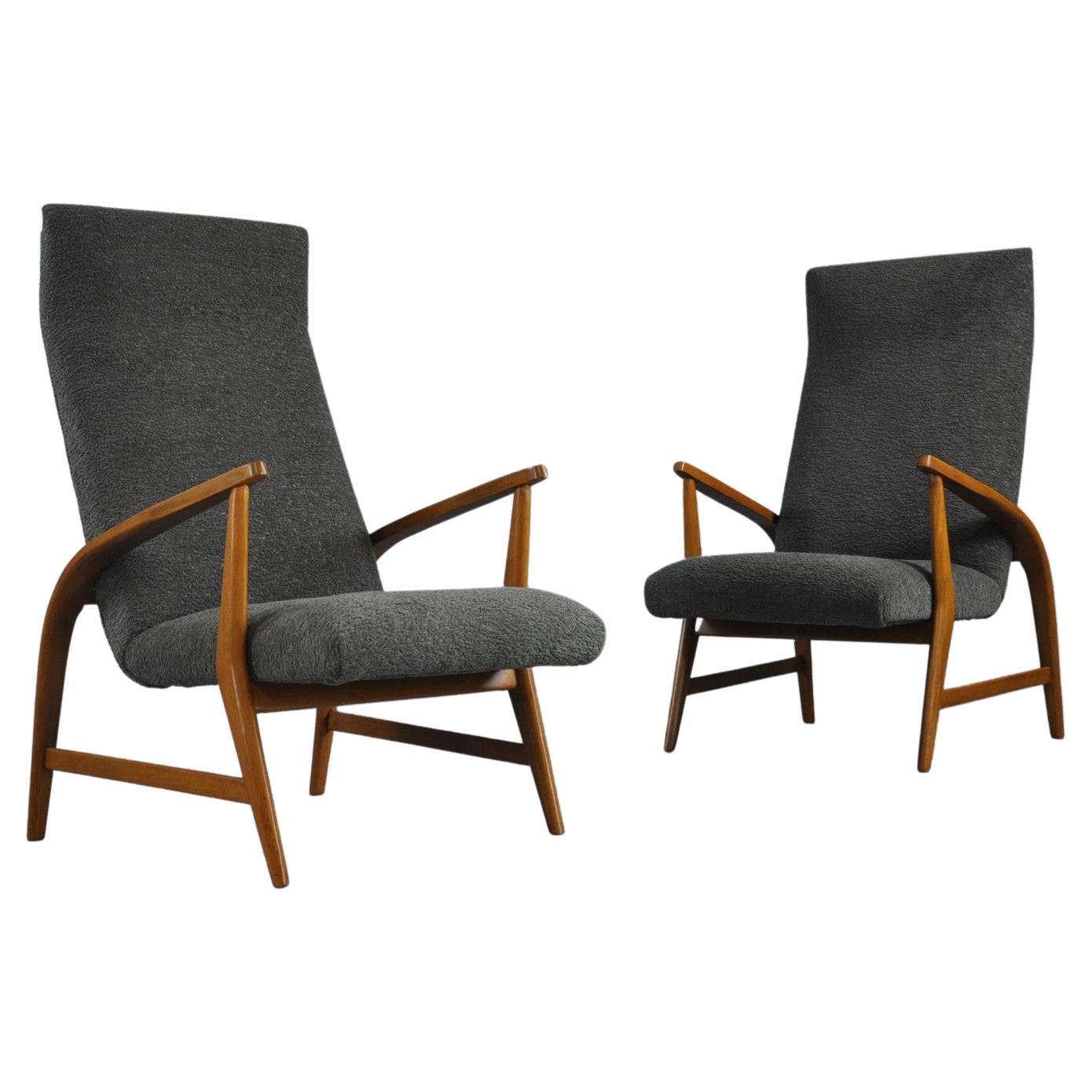 Wood and Green Bouclè Armchairs, 1950s, Set of 2 For Sale