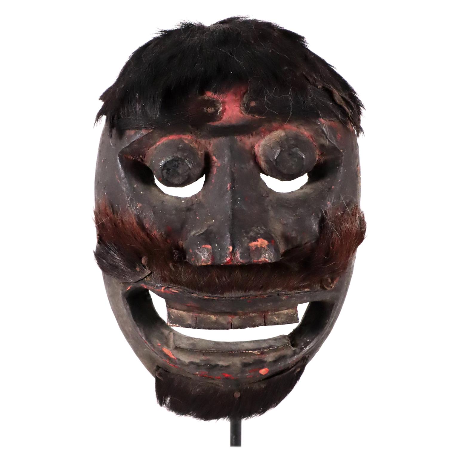 Wood and Hair Mask from Tribal Indonesia Probably Bali or Lombok Oceanic Art For Sale