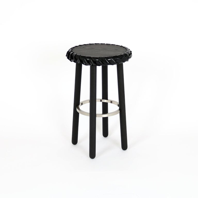 Hand Braided Counter Stools, Black Ash and Leather, Silver Stretcher by