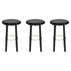Hand Braided Counter Stools, Black Ash & Leather, Silver Stretcher by Debra Folz