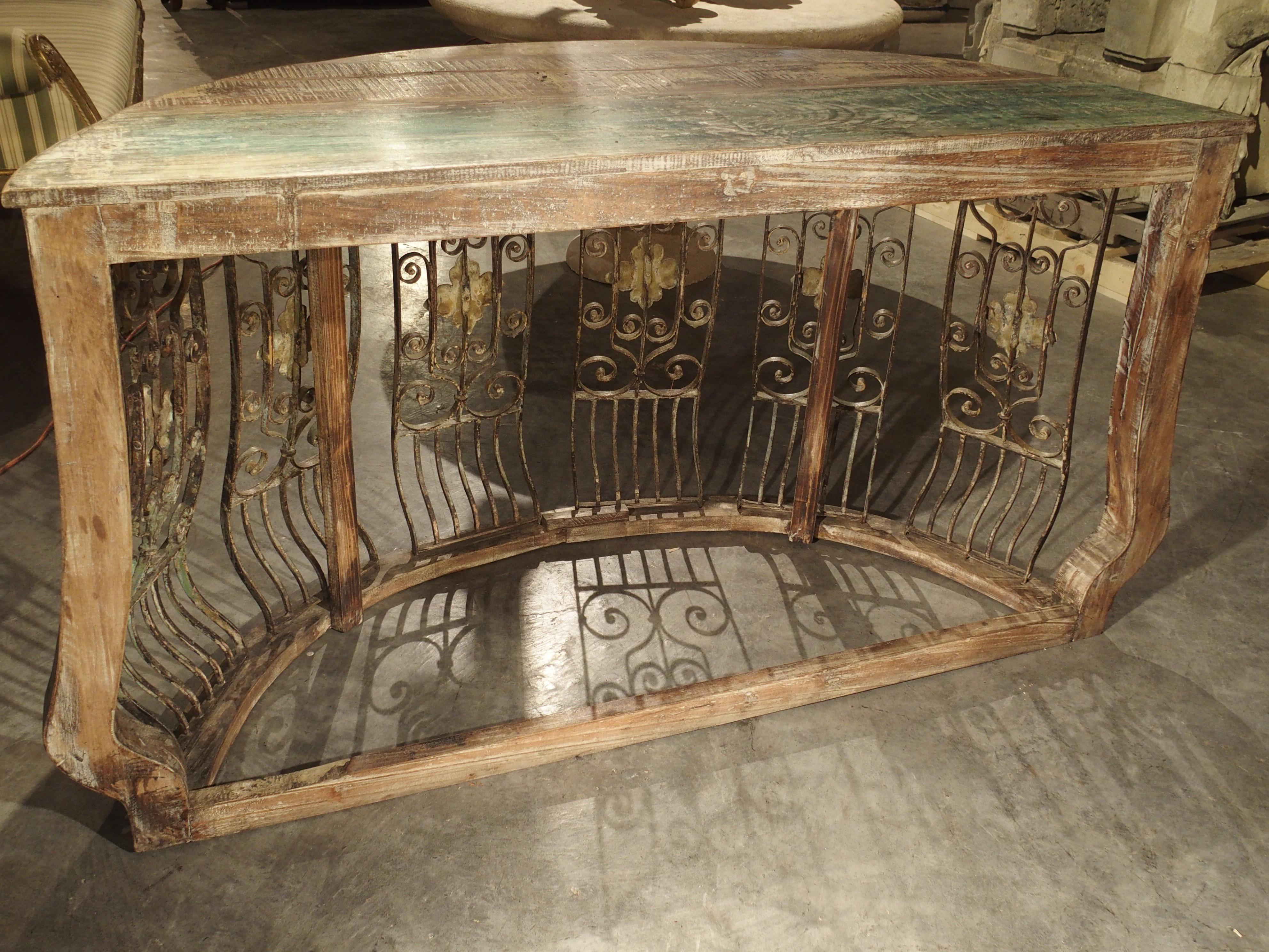 Wood and Iron Grille Demilune Console Table from India 2