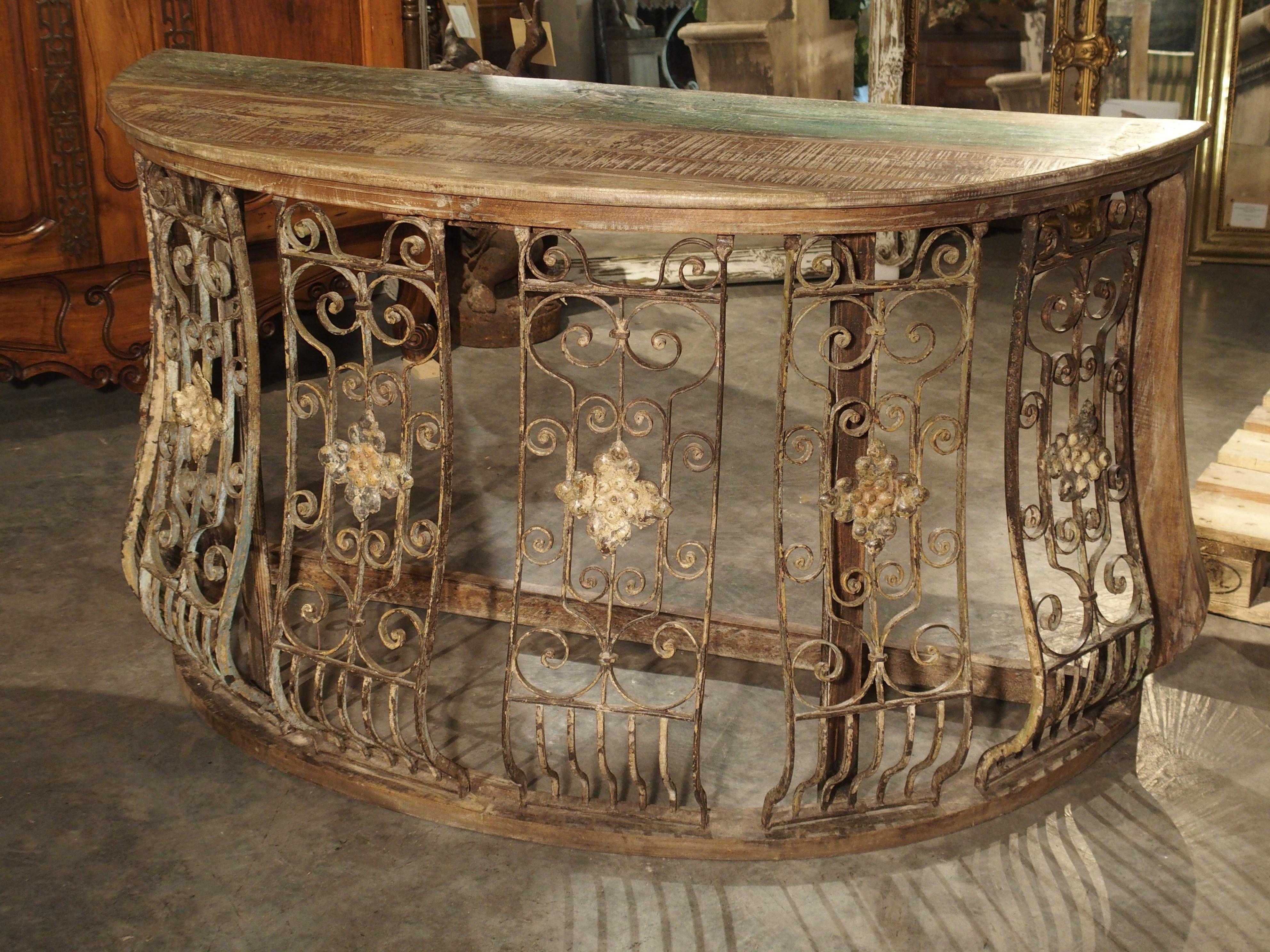 Wood and Iron Grille Demilune Console Table from India 4