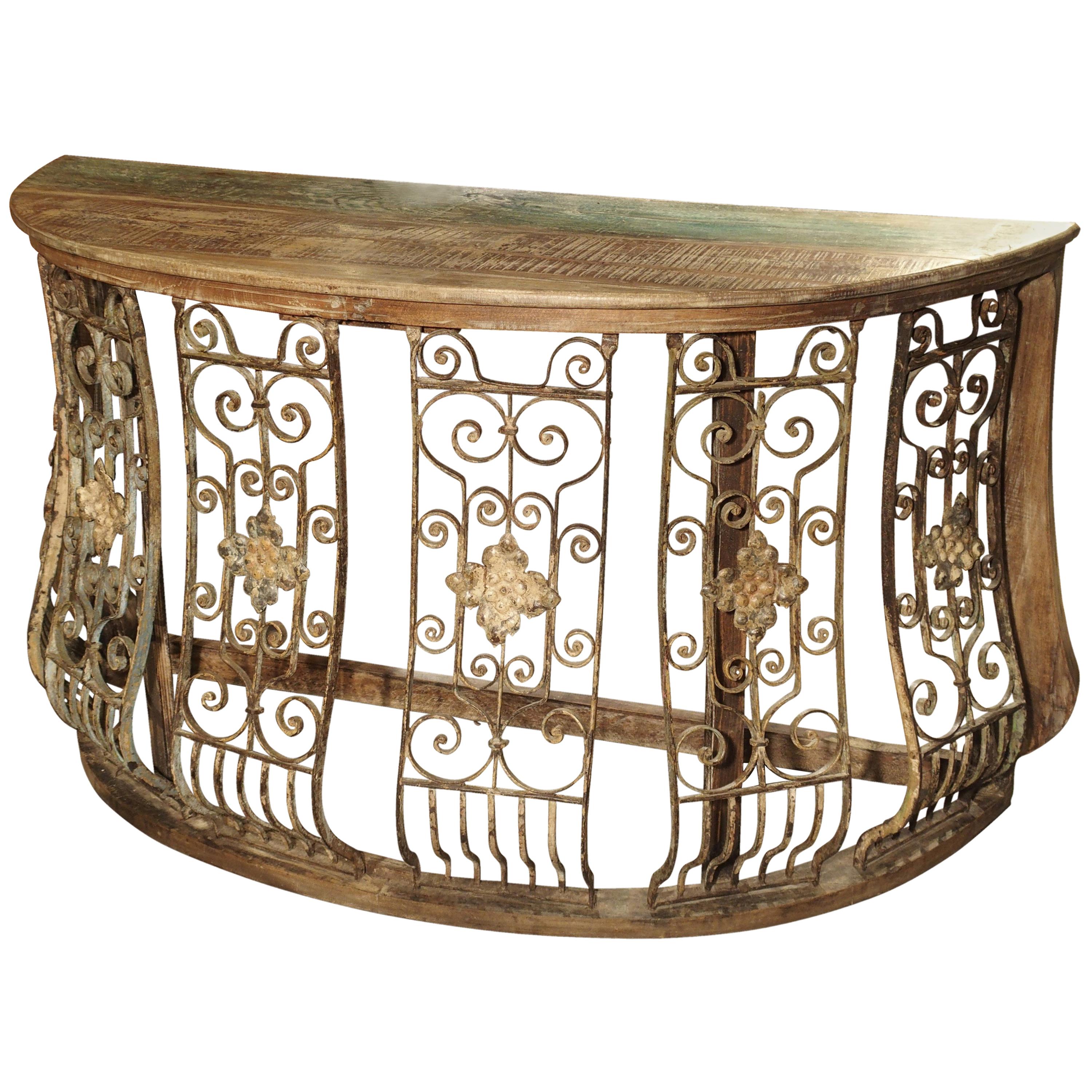 Wood and Iron Grille Demilune Console Table from India