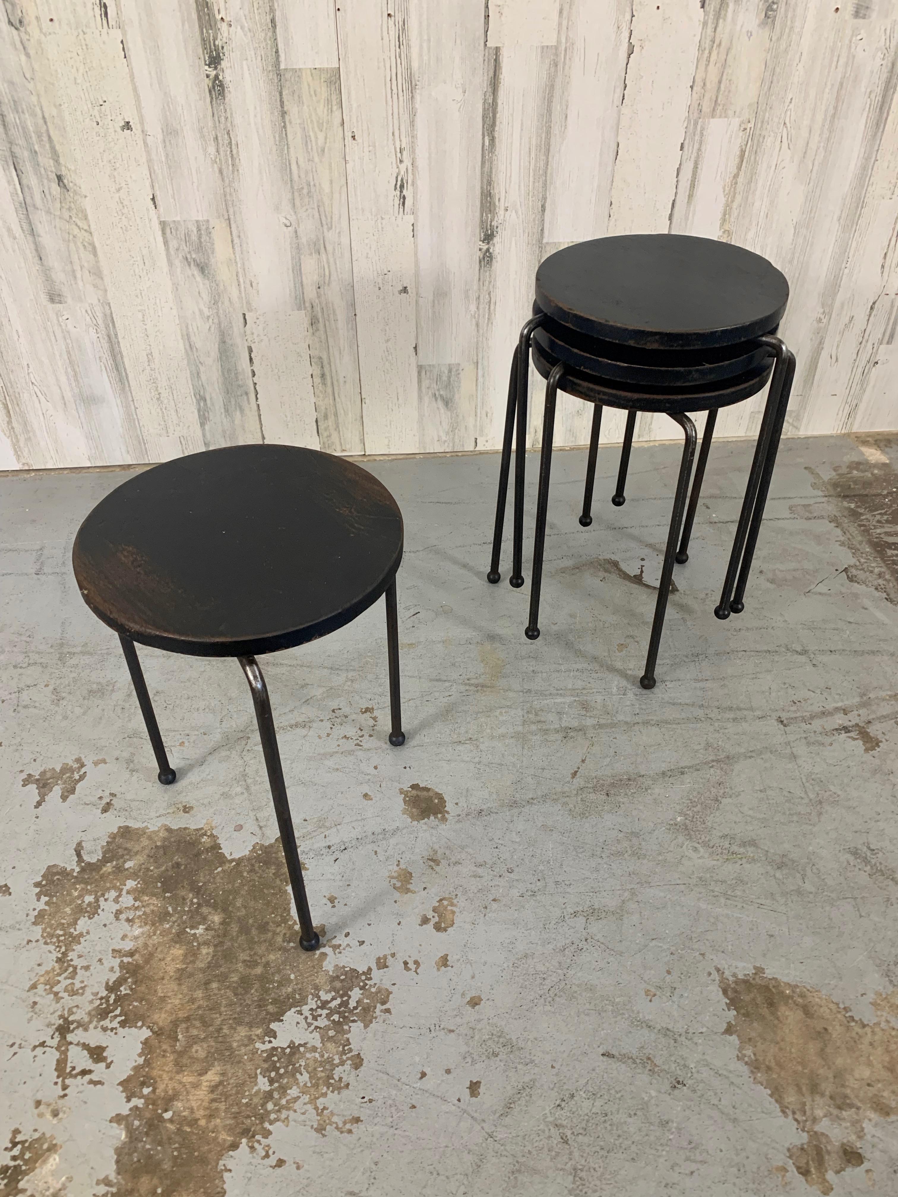 Mid-Century Modern Wood and Iron Stacking Tables / stools  For Sale