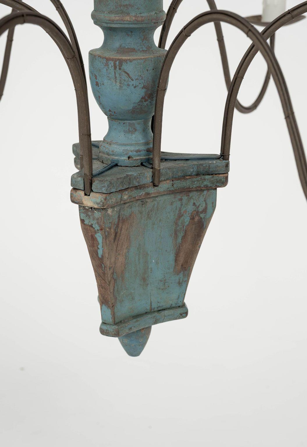 French Provincial Wood and Iron Teal-Painted Italian Chandelier For Sale