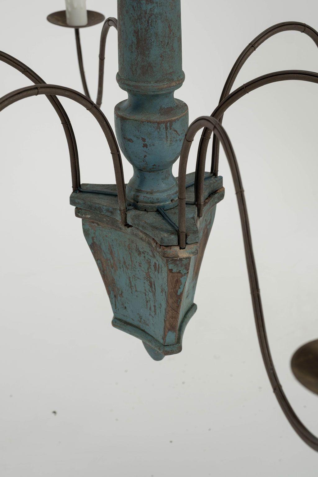 Hand-Carved Wood and Iron Teal-Painted Italian Chandelier For Sale