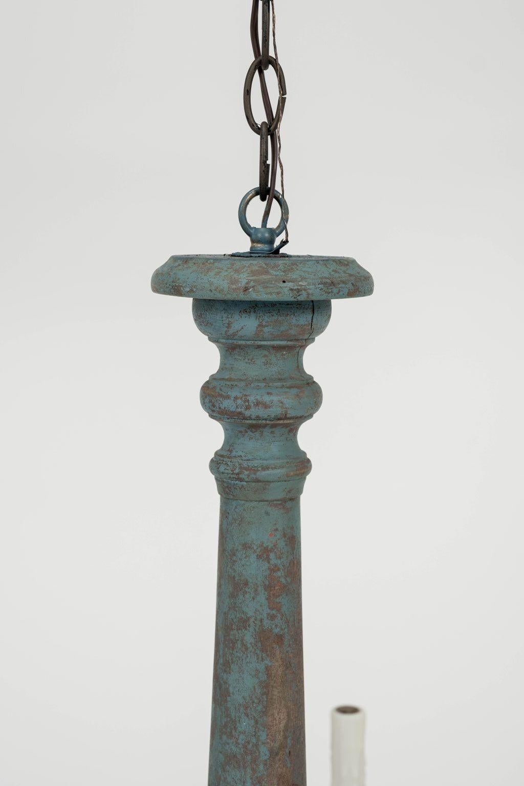 Wood and Iron Teal-Painted Italian Chandelier In Fair Condition For Sale In Houston, TX
