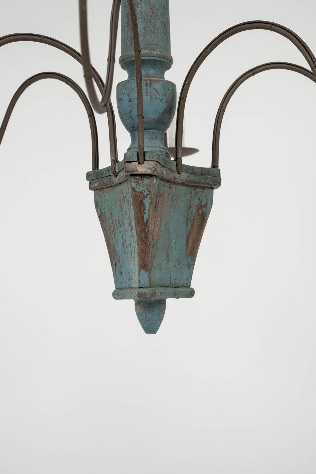 Contemporary Wood and Iron Teal-Painted Italian Chandelier For Sale