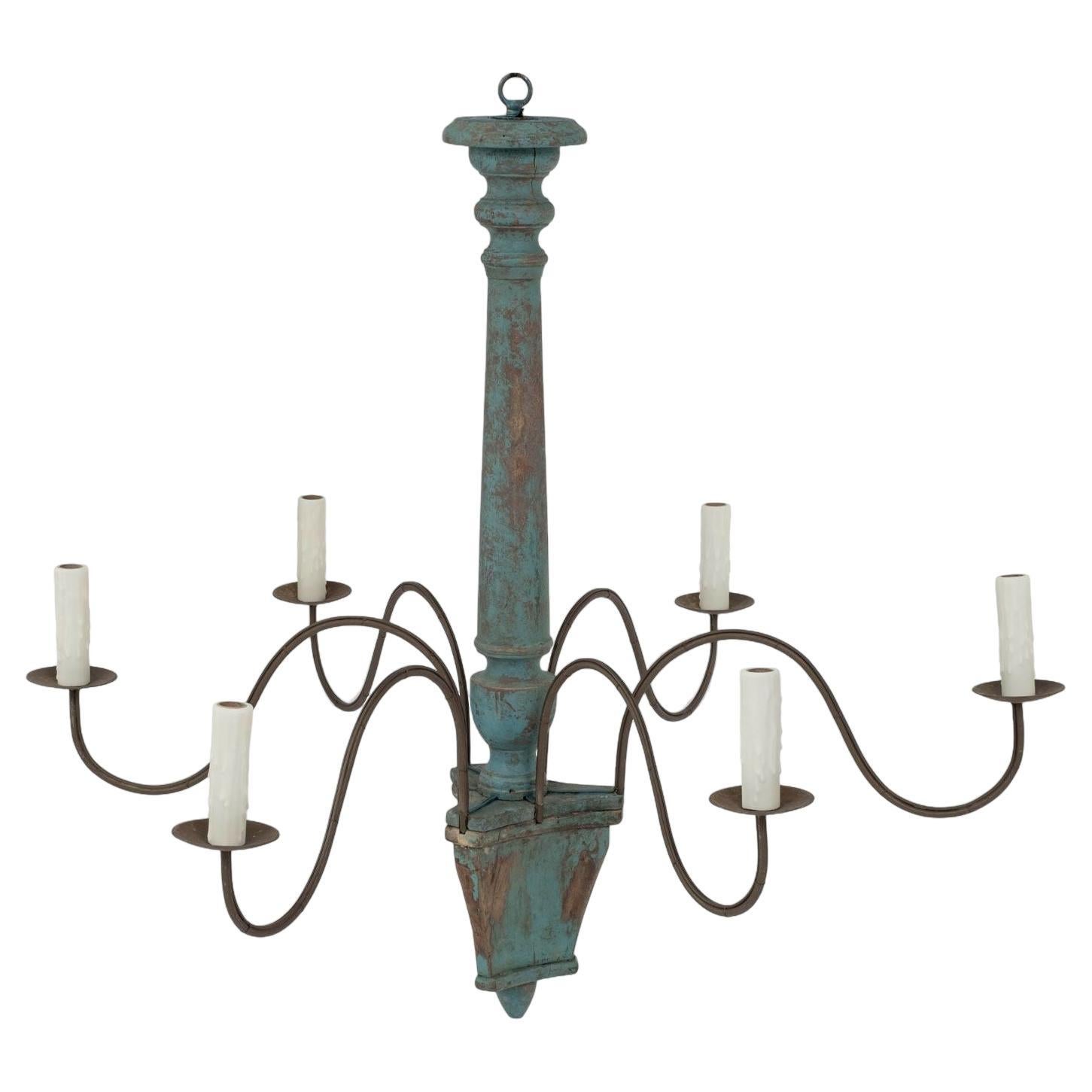 Wood and Iron Teal-Painted Italian Chandelier For Sale