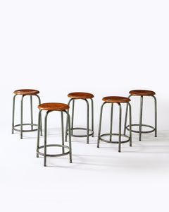 Wood and Lacquered Steel Factory Stool, France, c. 1950s