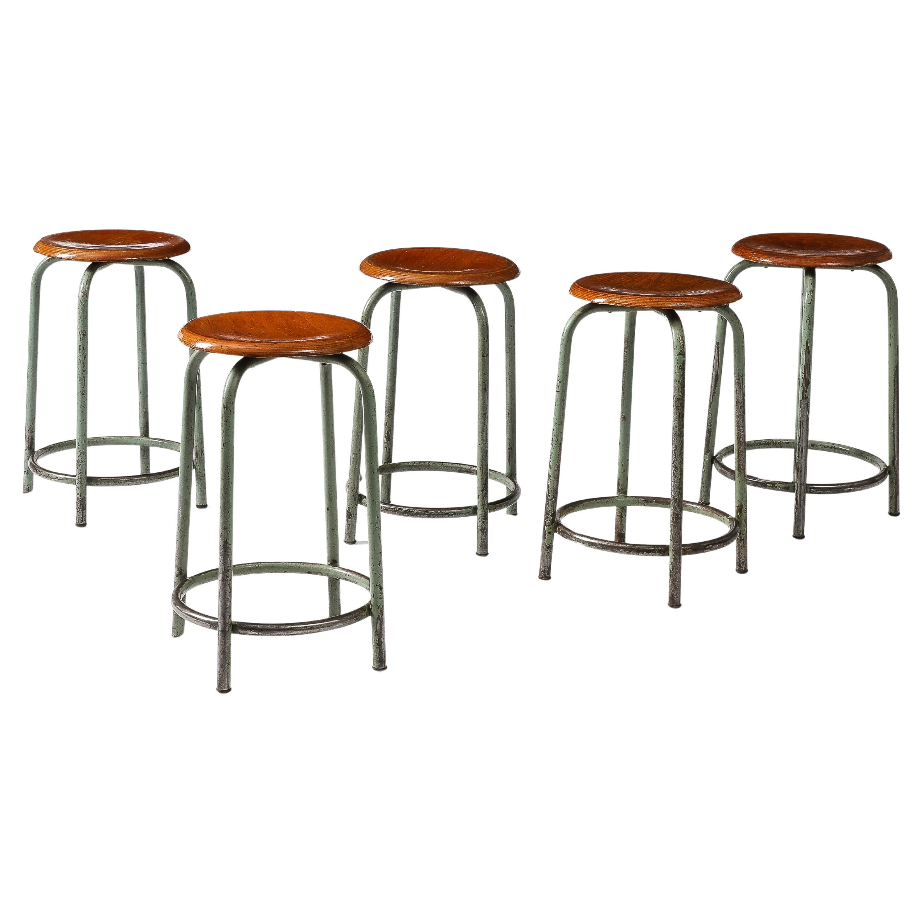 Wood and Lacquered Steel Factory Stool, France, c. 1950s