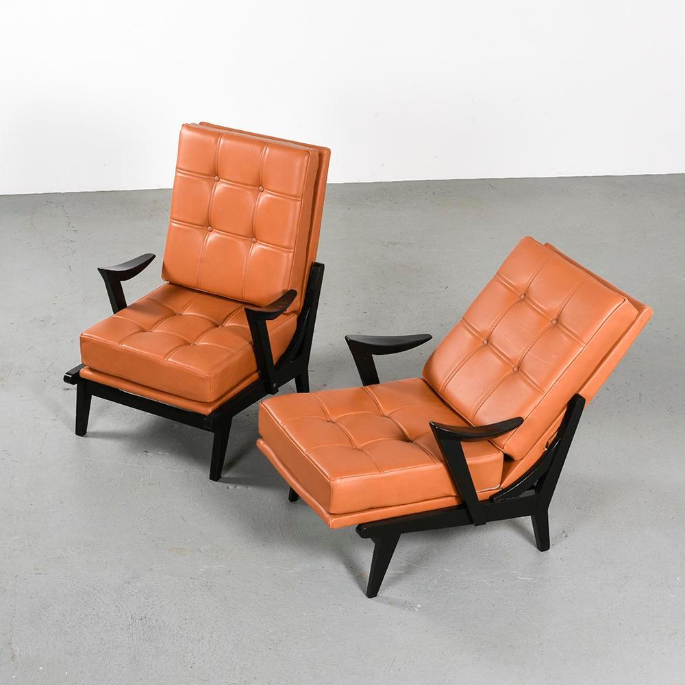 Wood and Leather Armchairs, circa 1950 For Sale 8